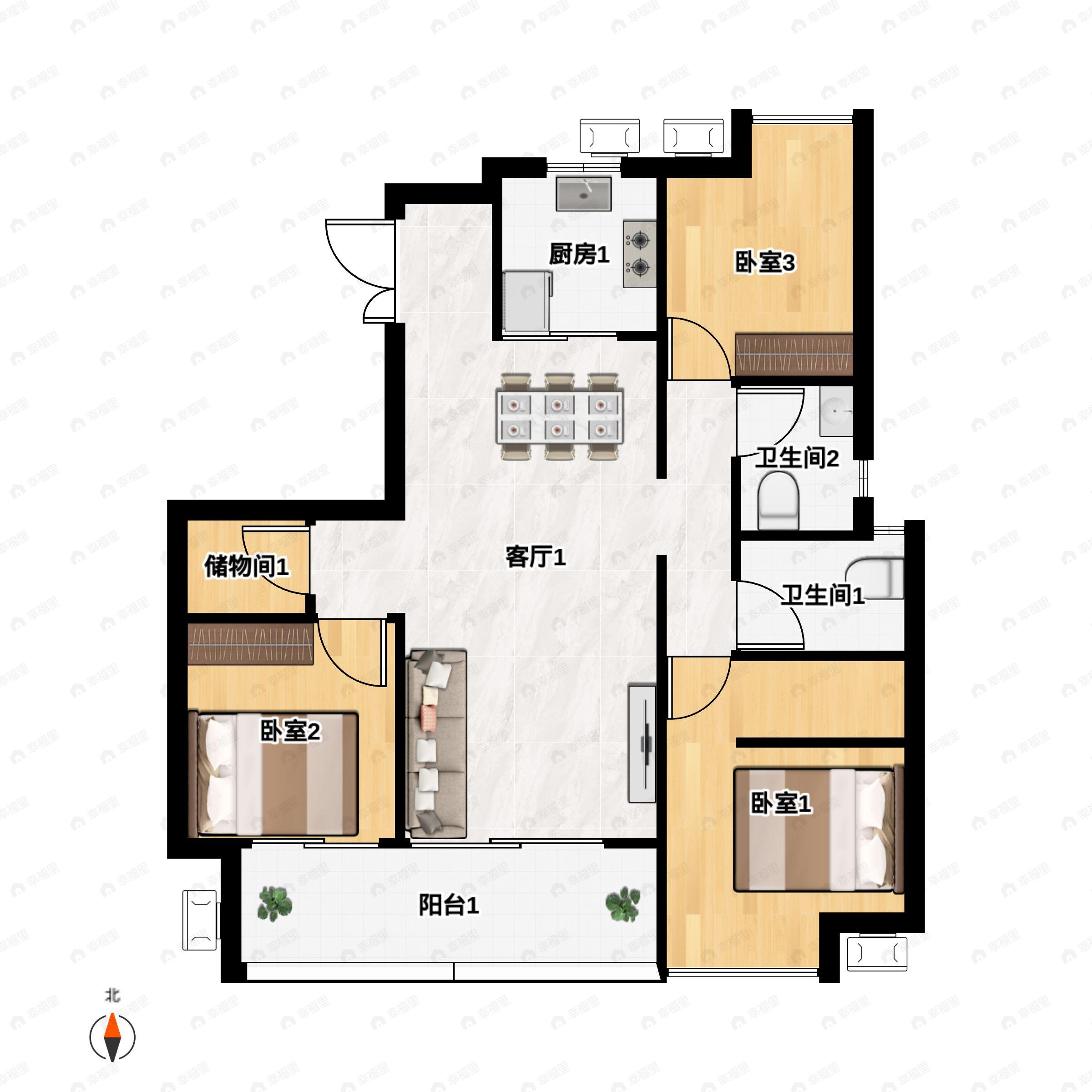 3室2厅2卫建面111平户型图