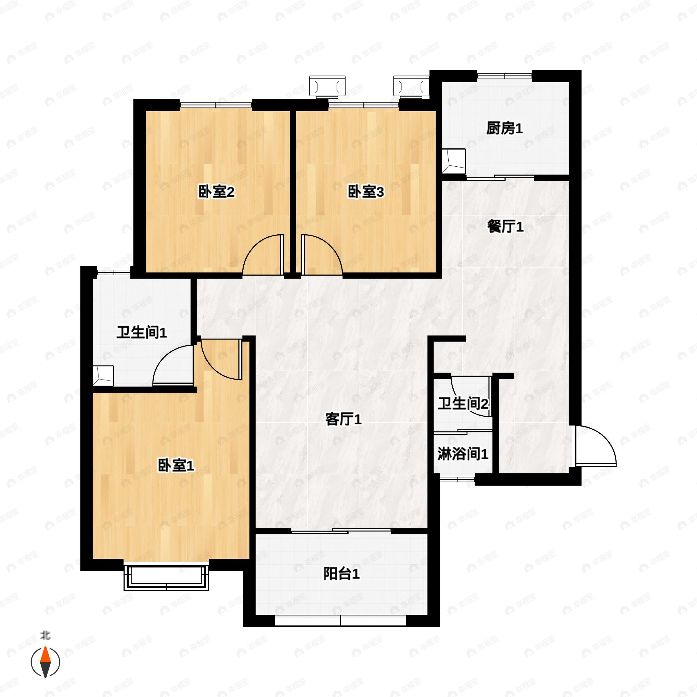 3室2厅2卫建面120平北|南户型图