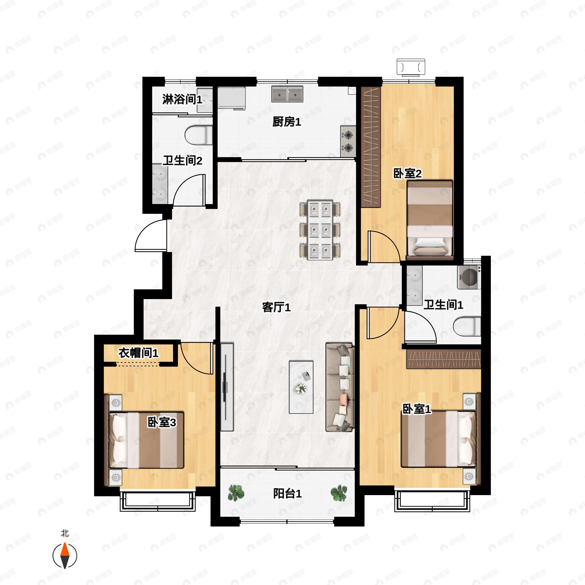 3室2厅2卫建面132平户型图