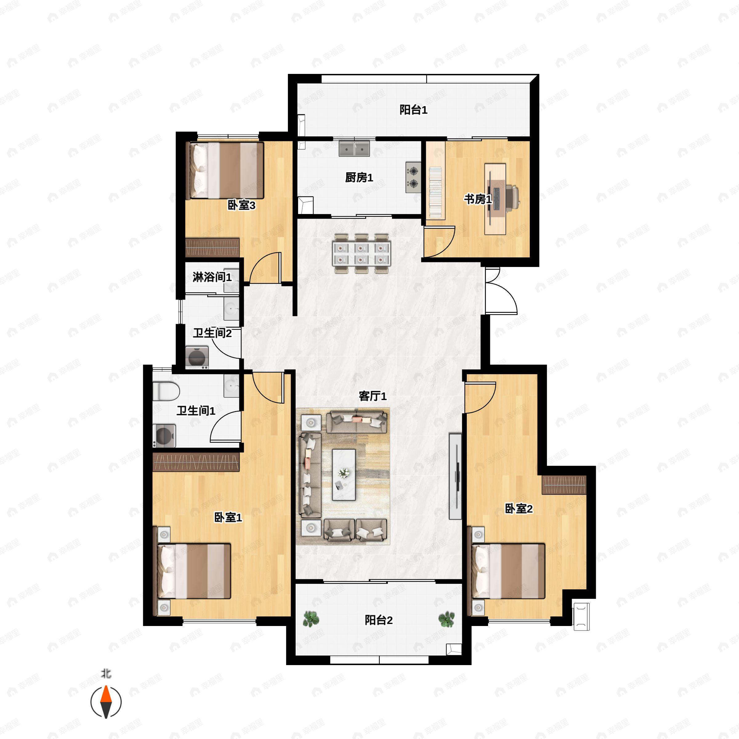 4室2厅2卫建面129平北|南户型图