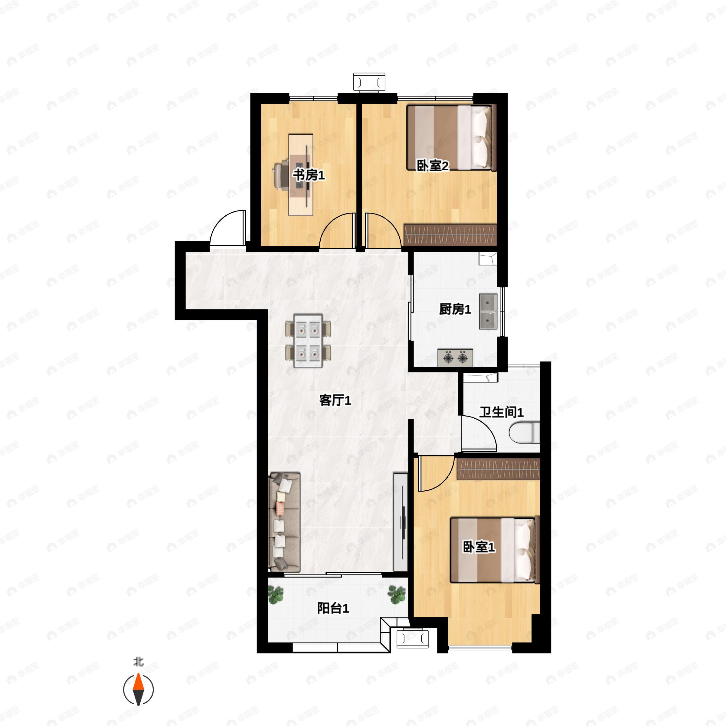 3室2厅1卫建面101平北|南户型图