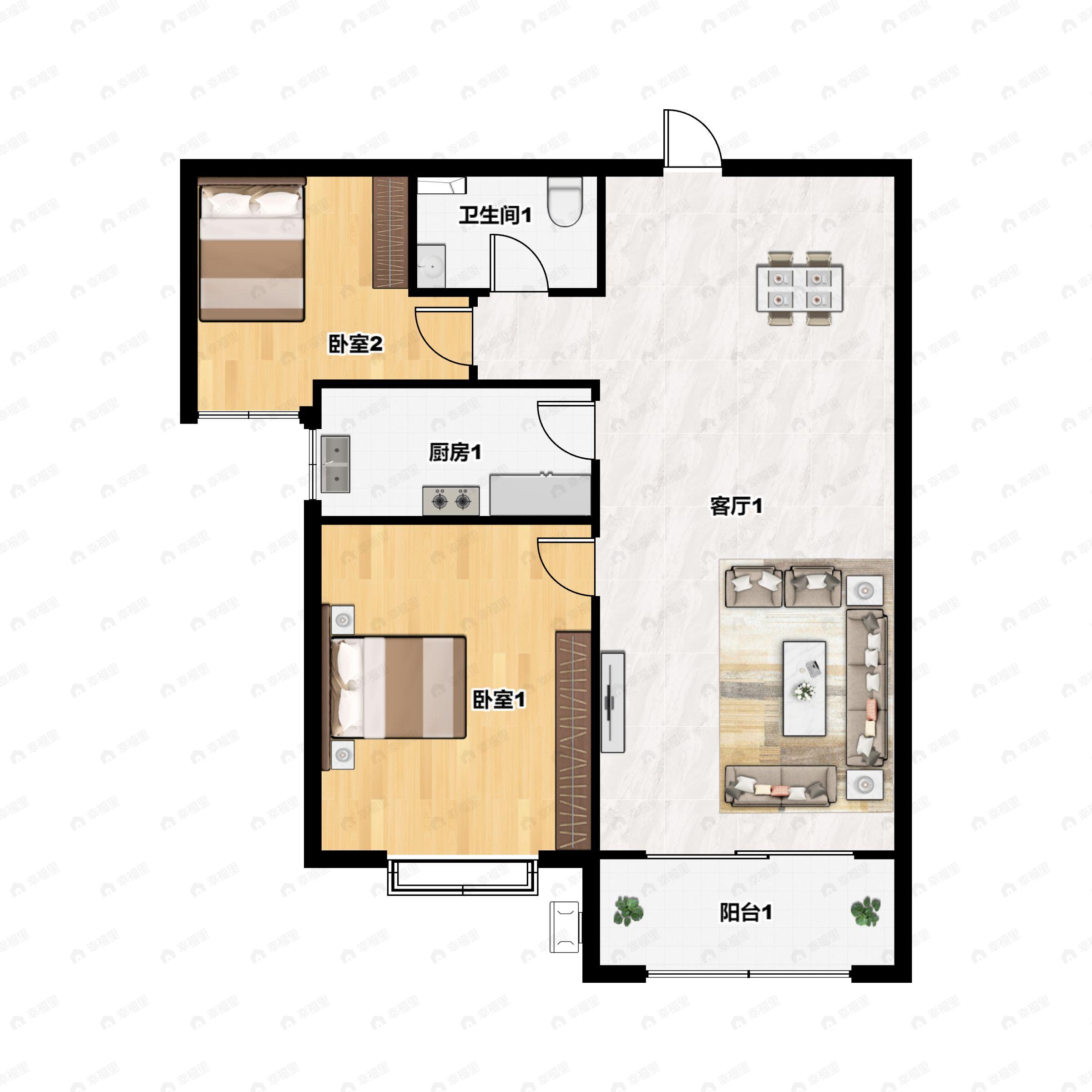 2室2厅1卫建面95m²户型图