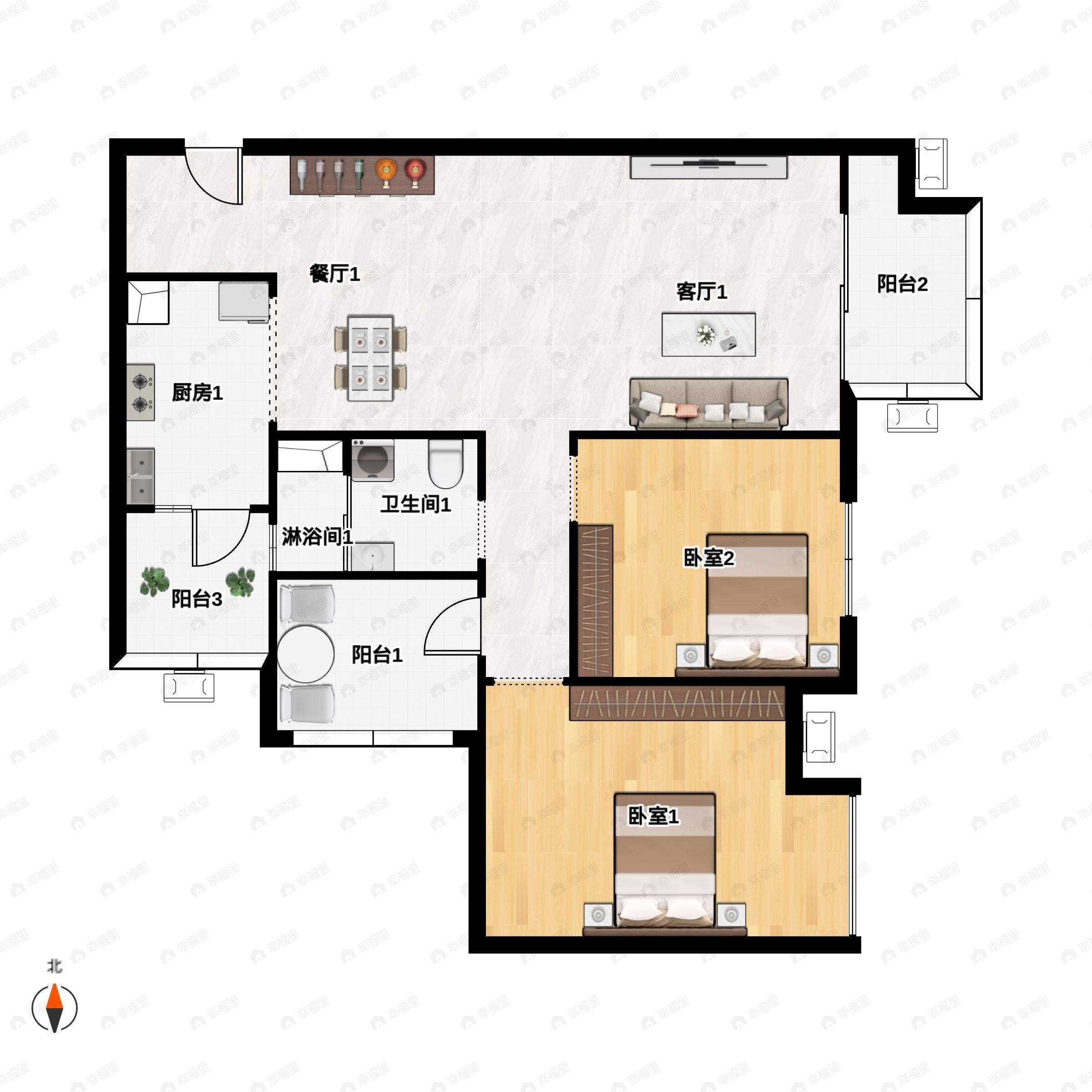 2室2厅1卫建面98m²南户型图