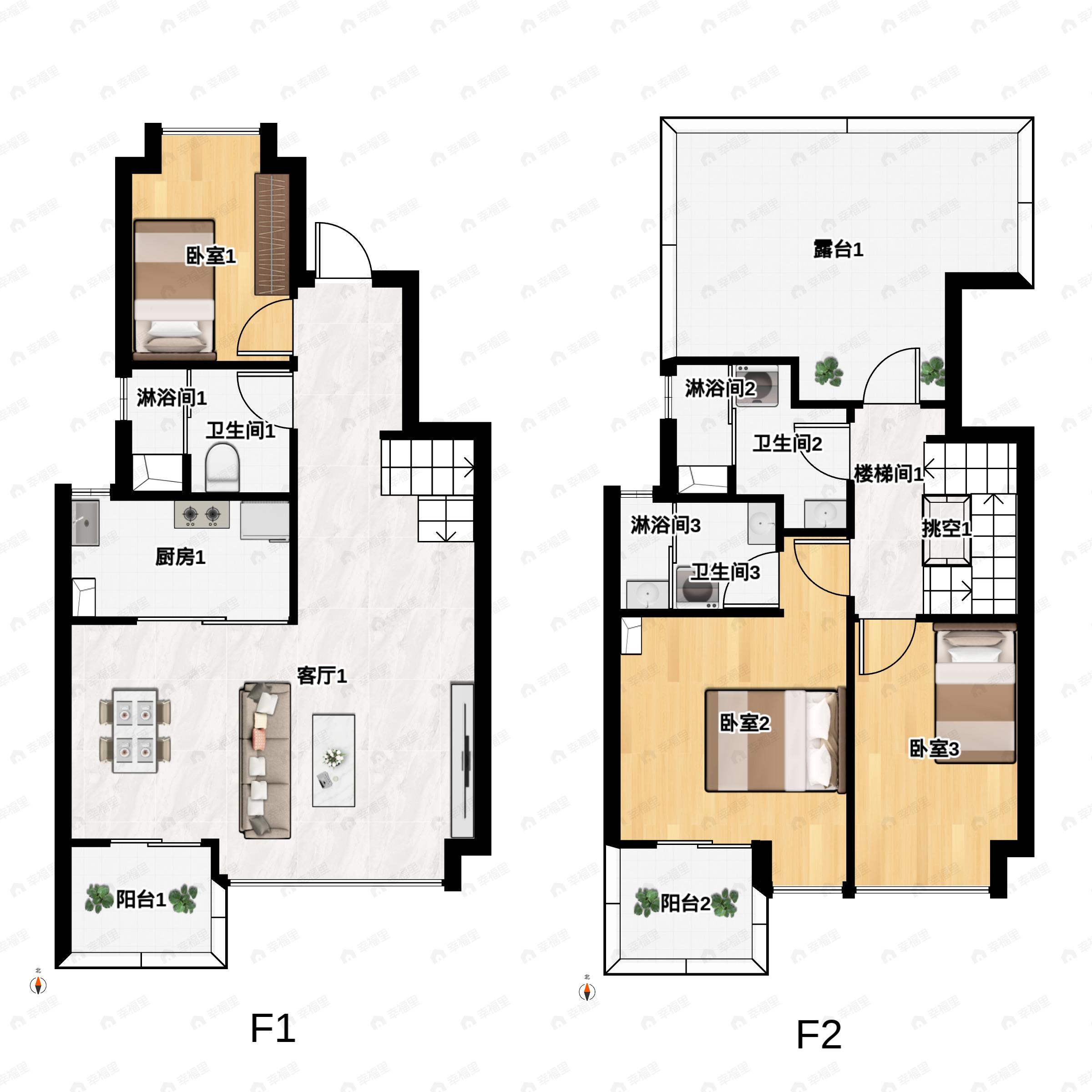 3室2厅3卫建面120m²南户型图