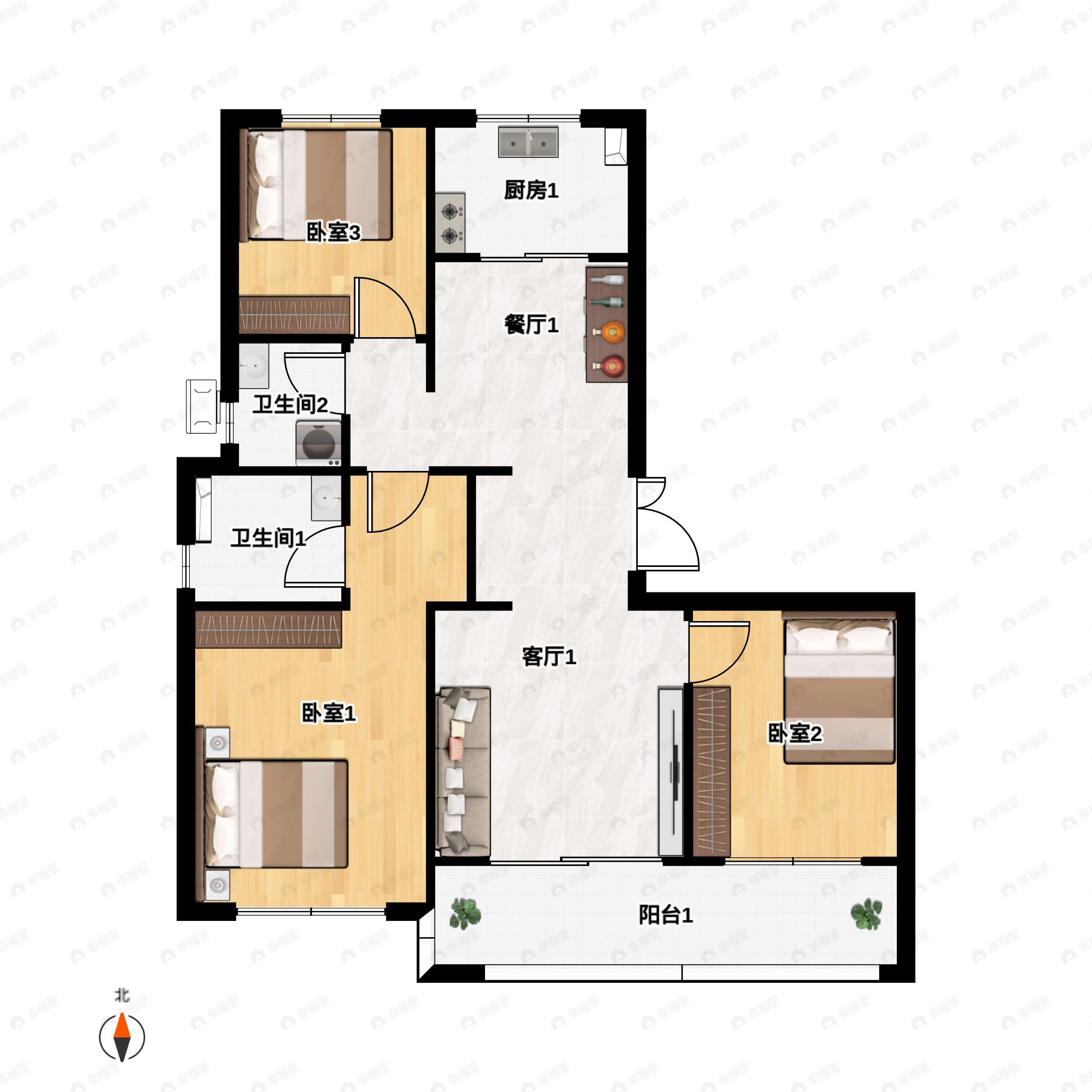 3室2厅2卫建面104m²南户型图