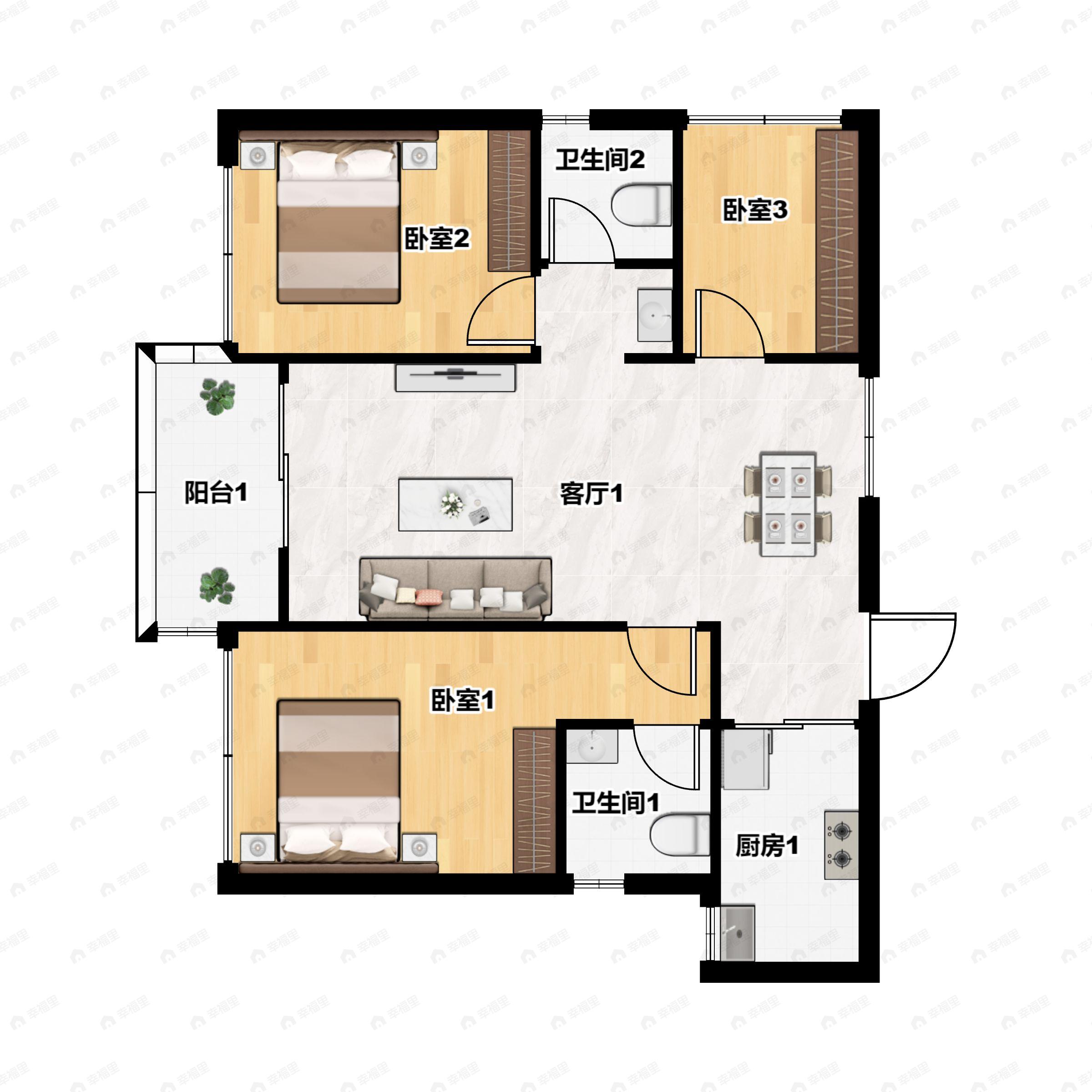 3室2厅2卫建面87平户型图