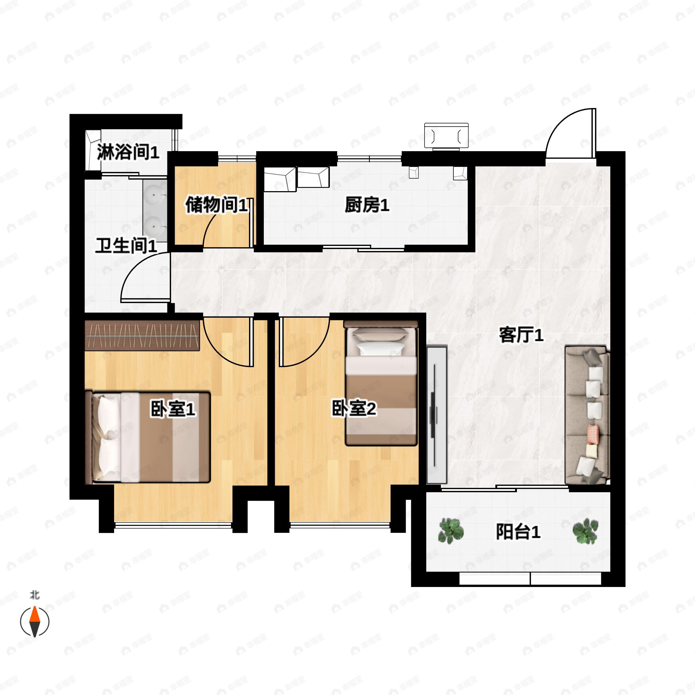 2室2厅1卫建面87m²南户型图