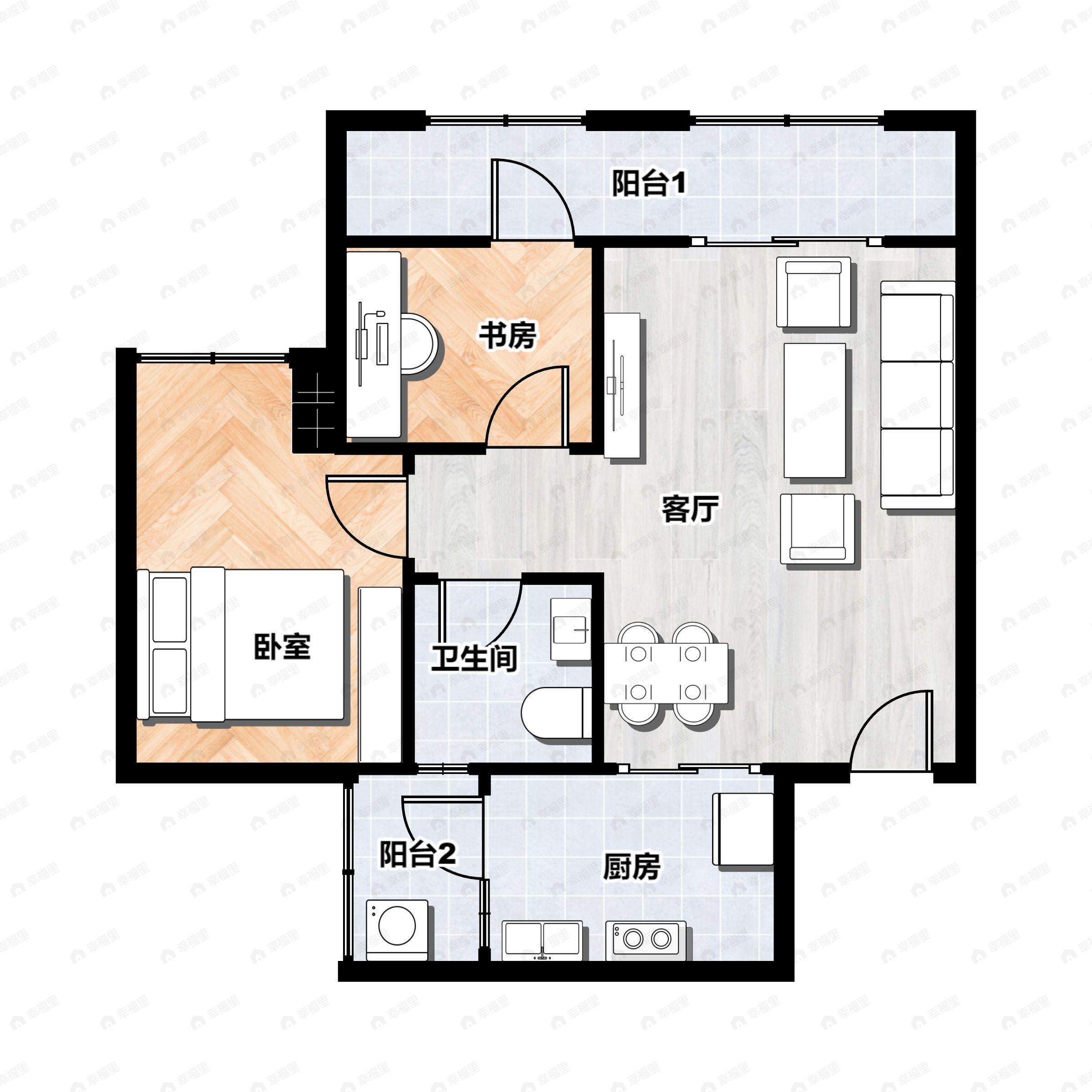 1室2厅1卫建面54m²南户型图
