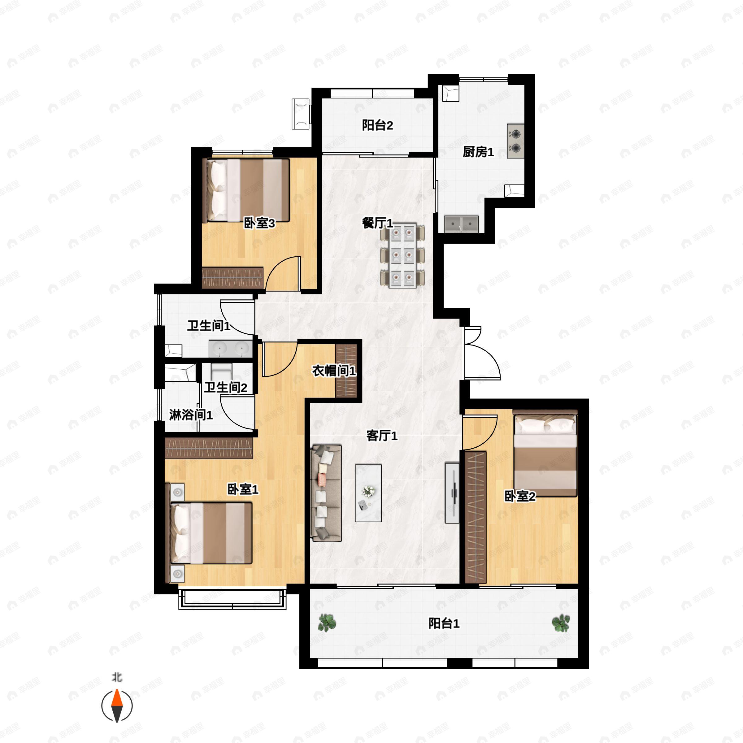 3室2厅2卫建面130m²北|南户型图