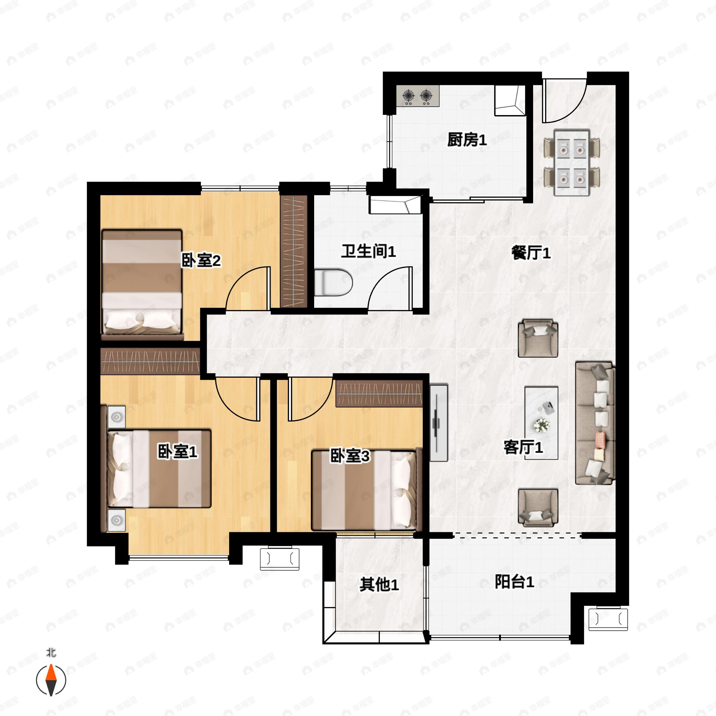 3室2厅1卫建面95平户型图