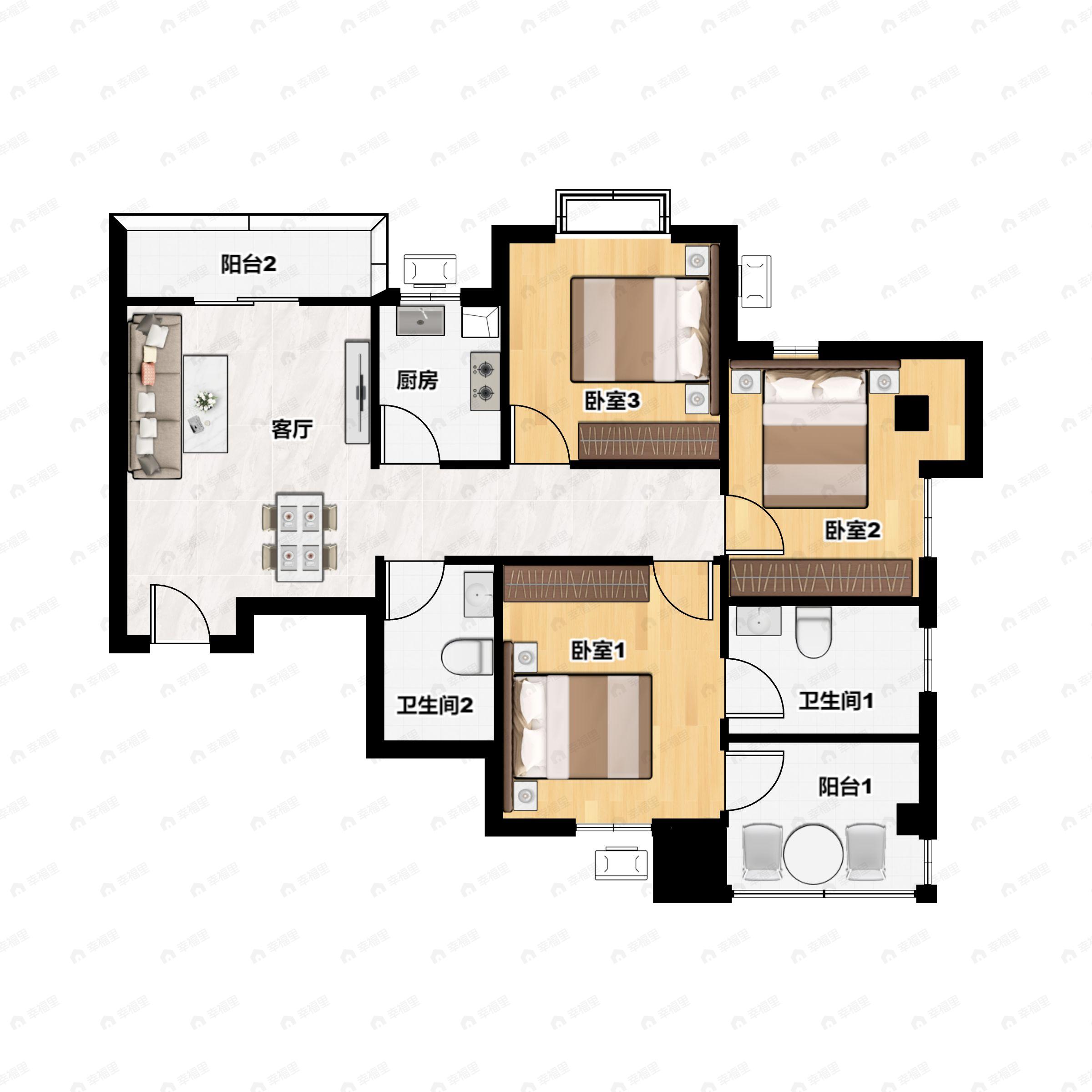 3室2厅2卫建面106平南|北户型图