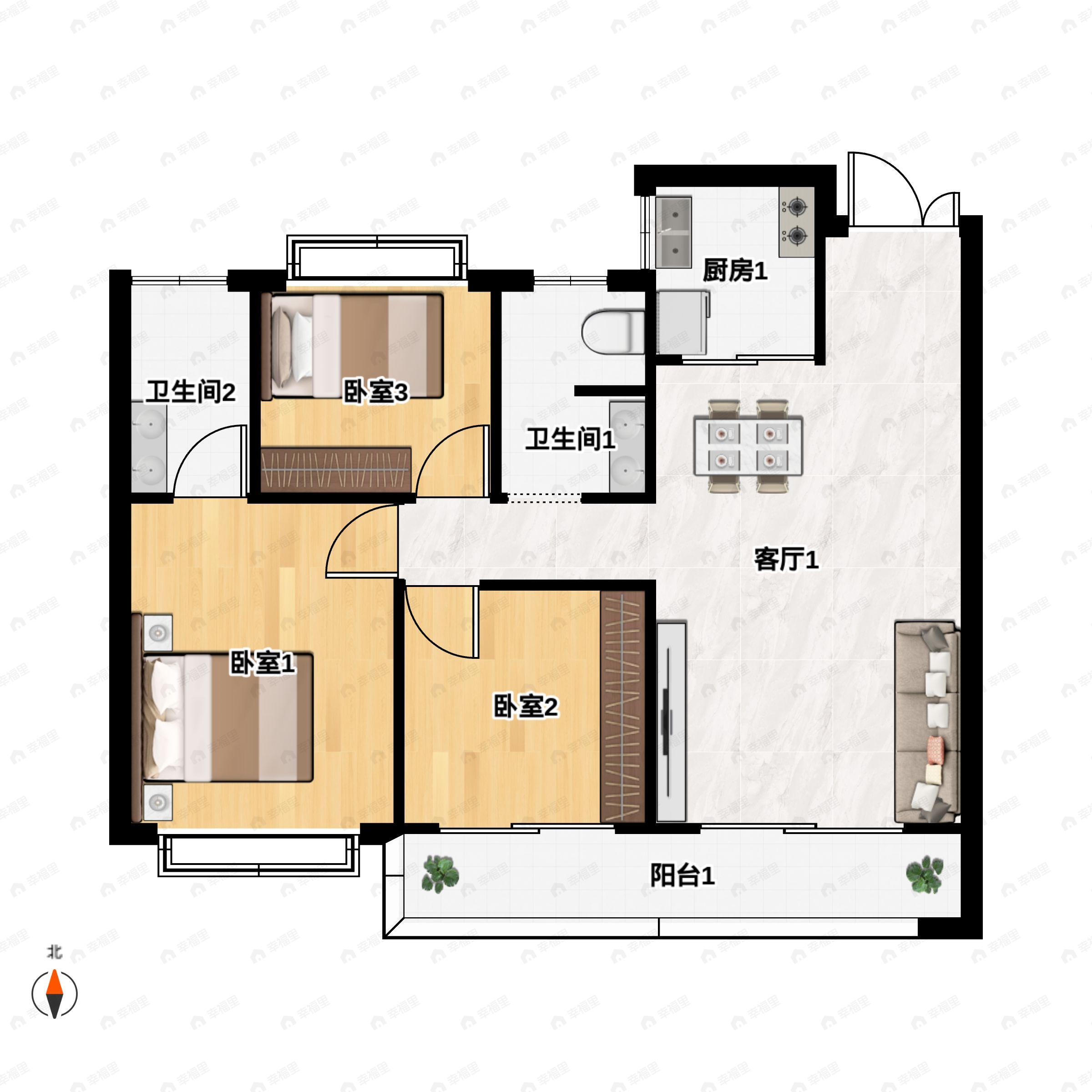 3室2厅2卫建面122平南户型图