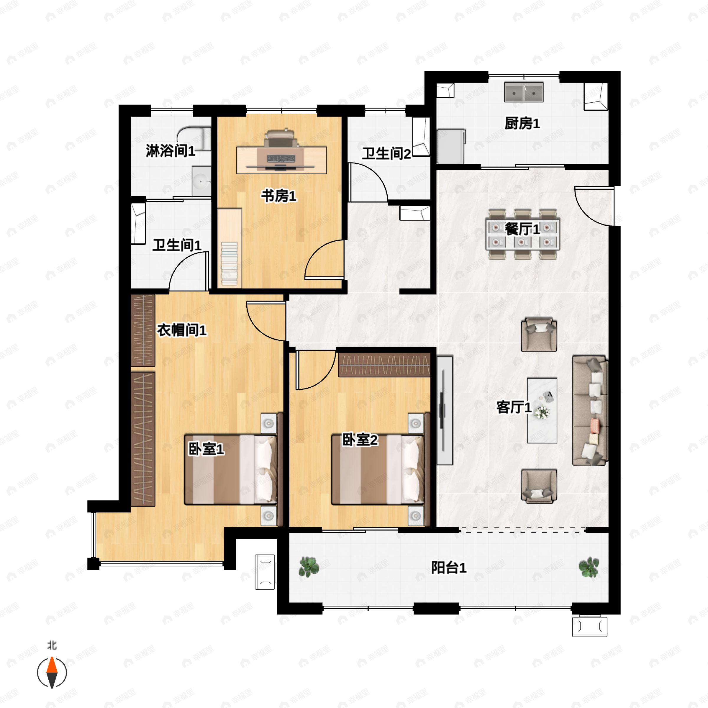 3室2厅2卫建面143平南|北户型图