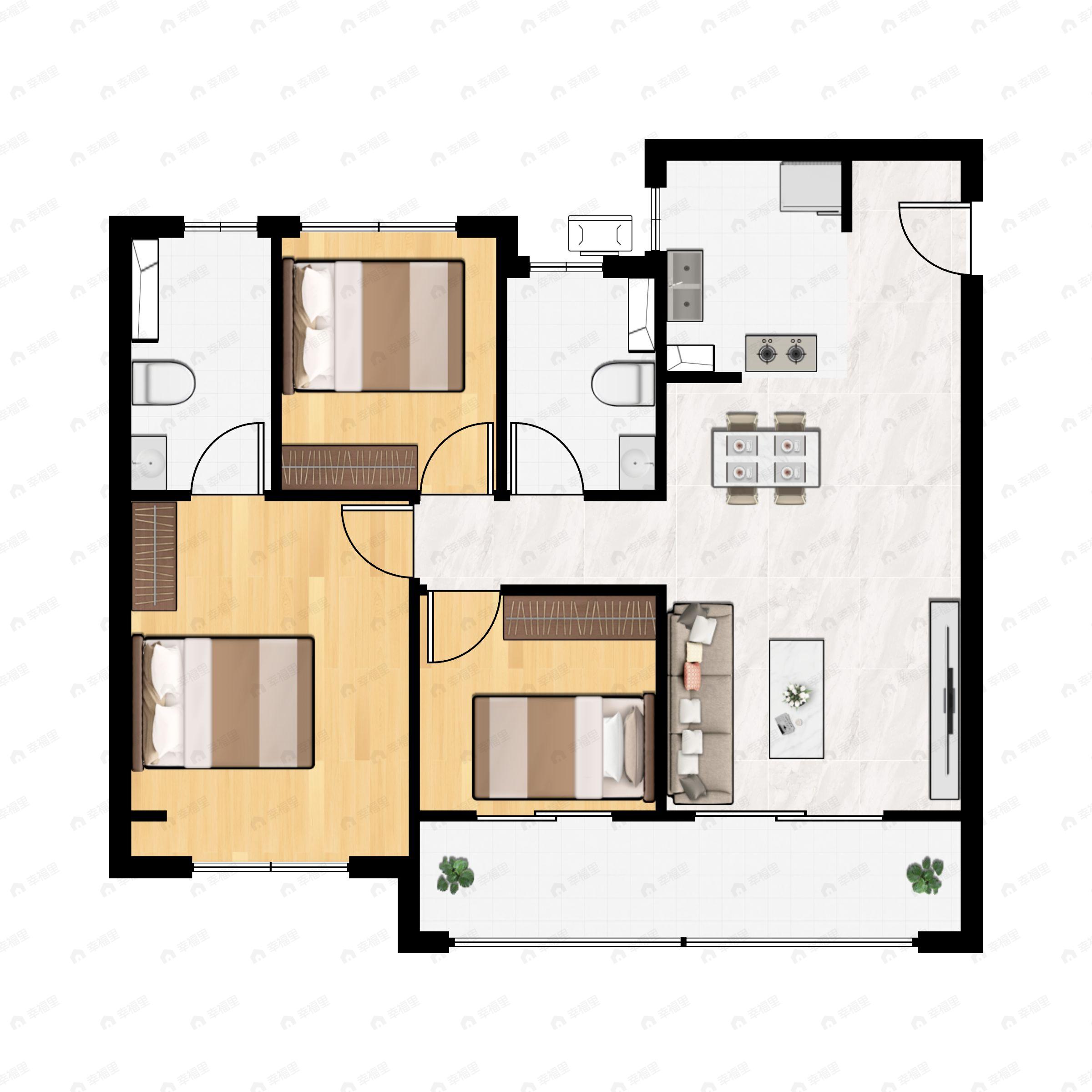 3室2厅2卫建面105平户型图