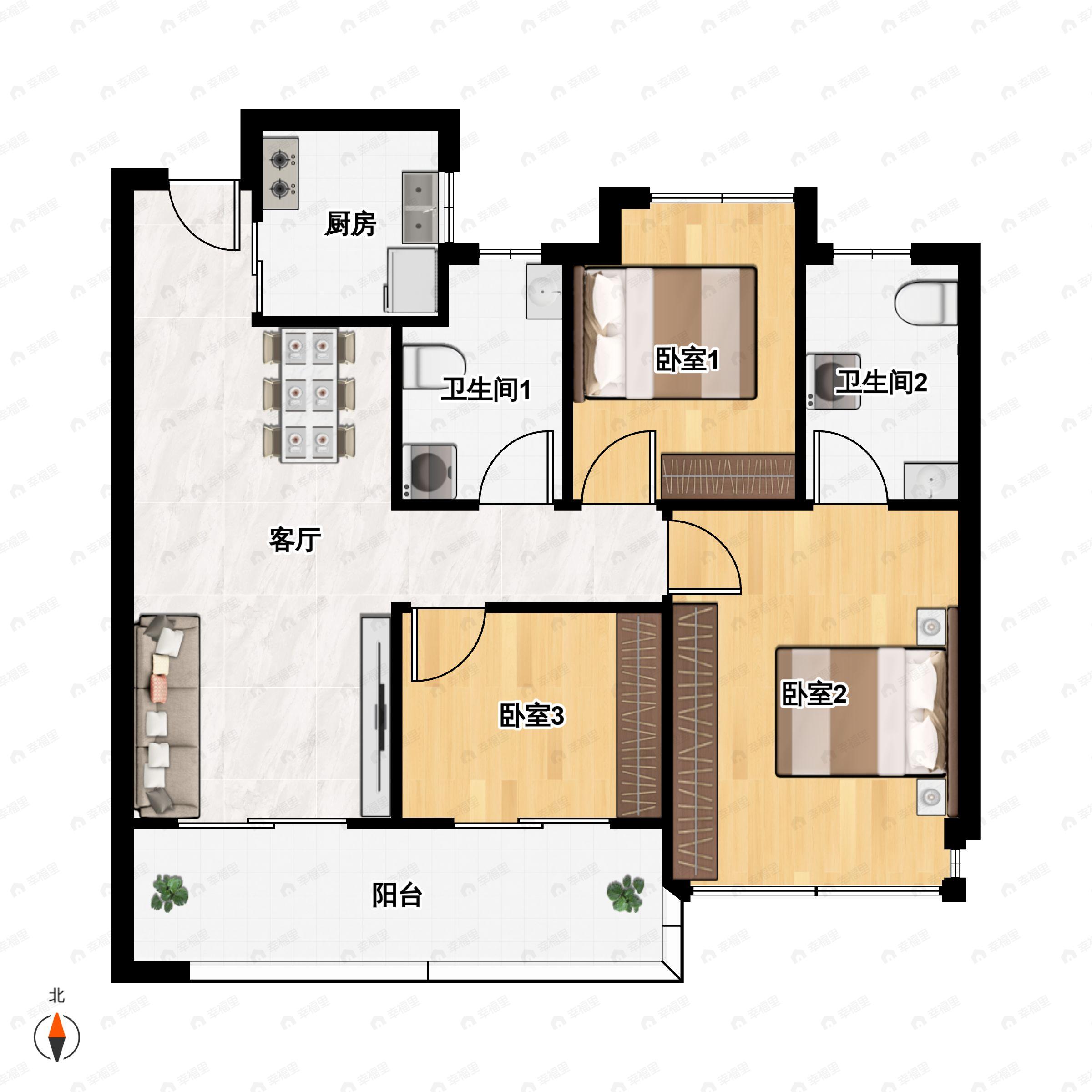 3室2厅2卫建面103平户型图