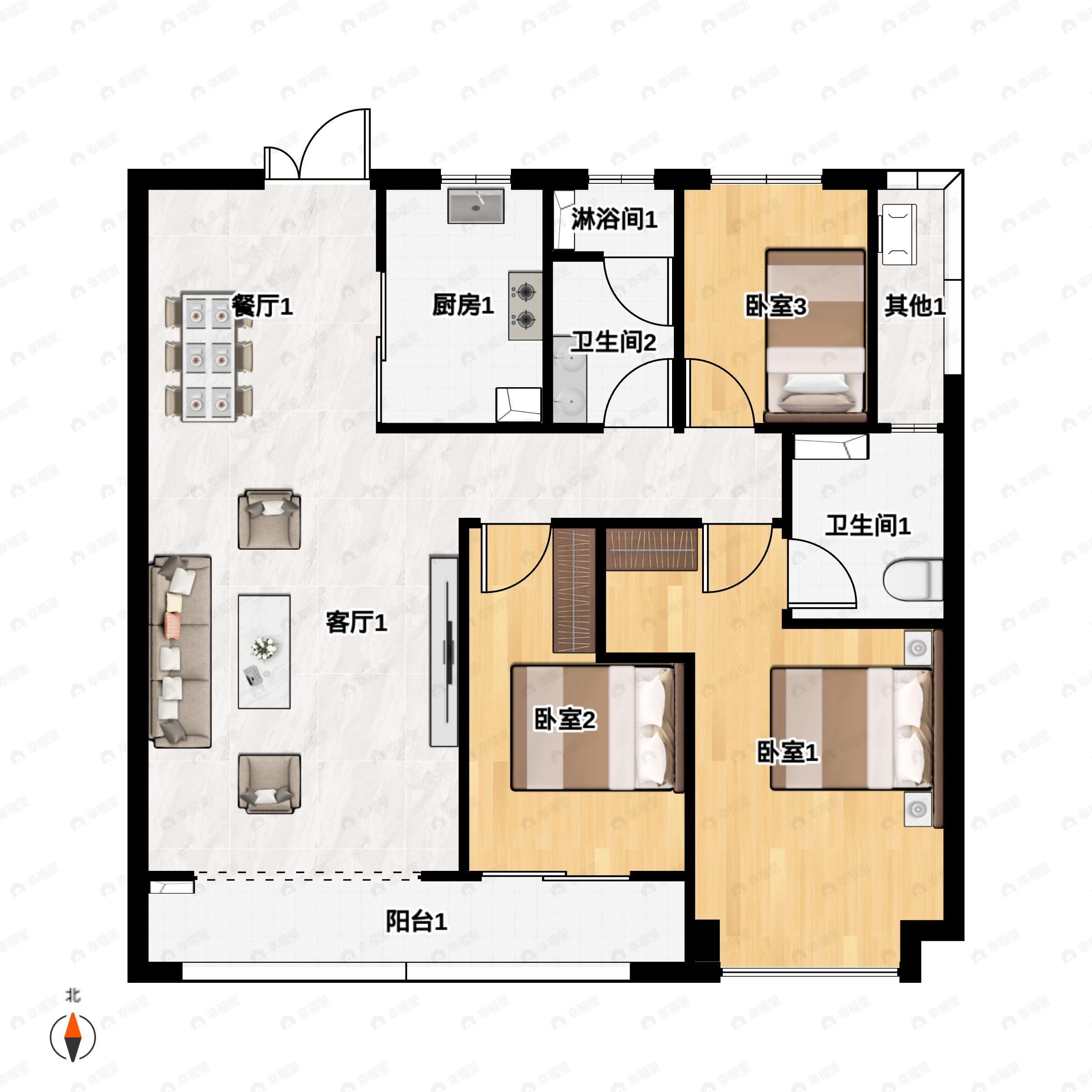 3室2厅2卫建面143m²南户型图