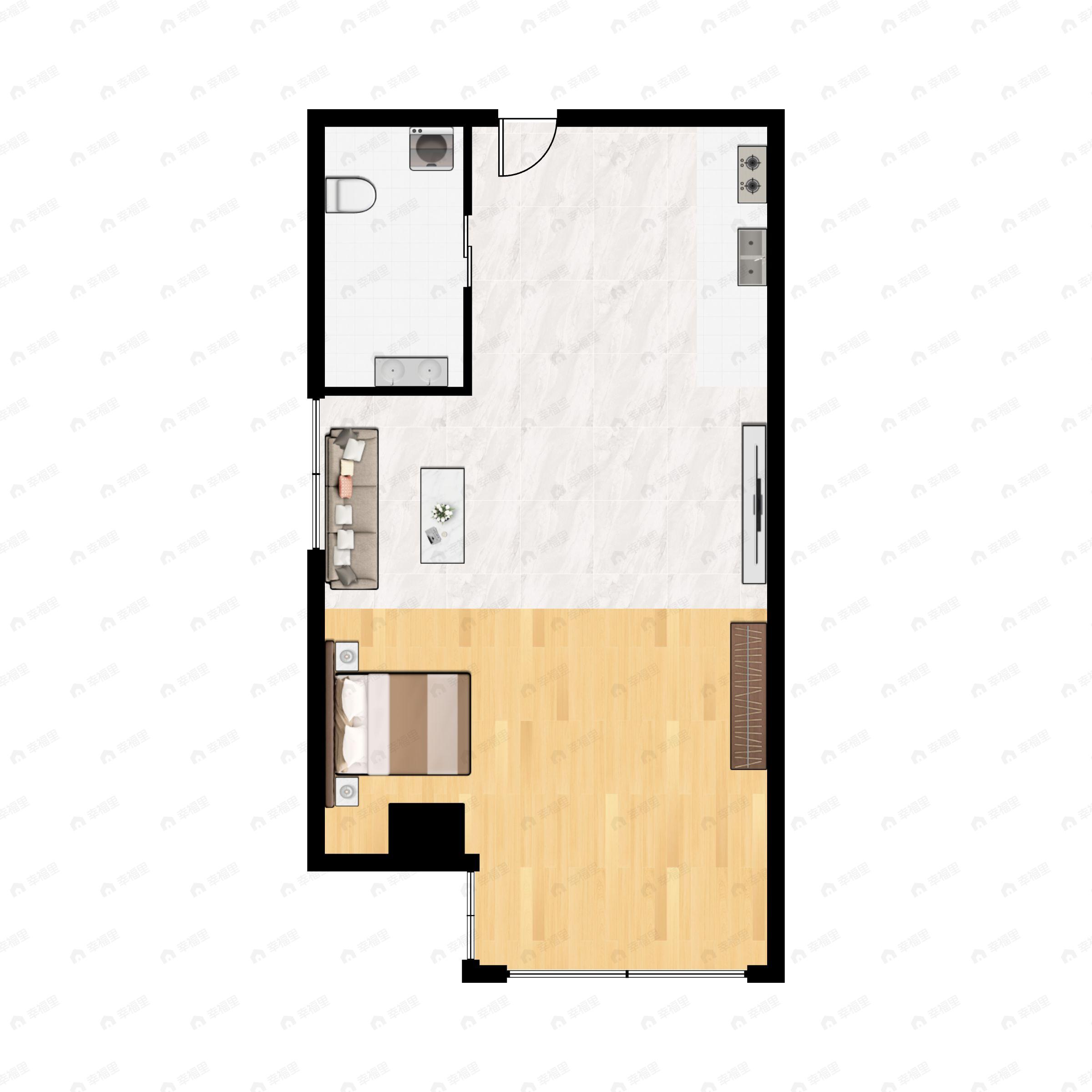 1室1厅1卫建面52m²南户型图