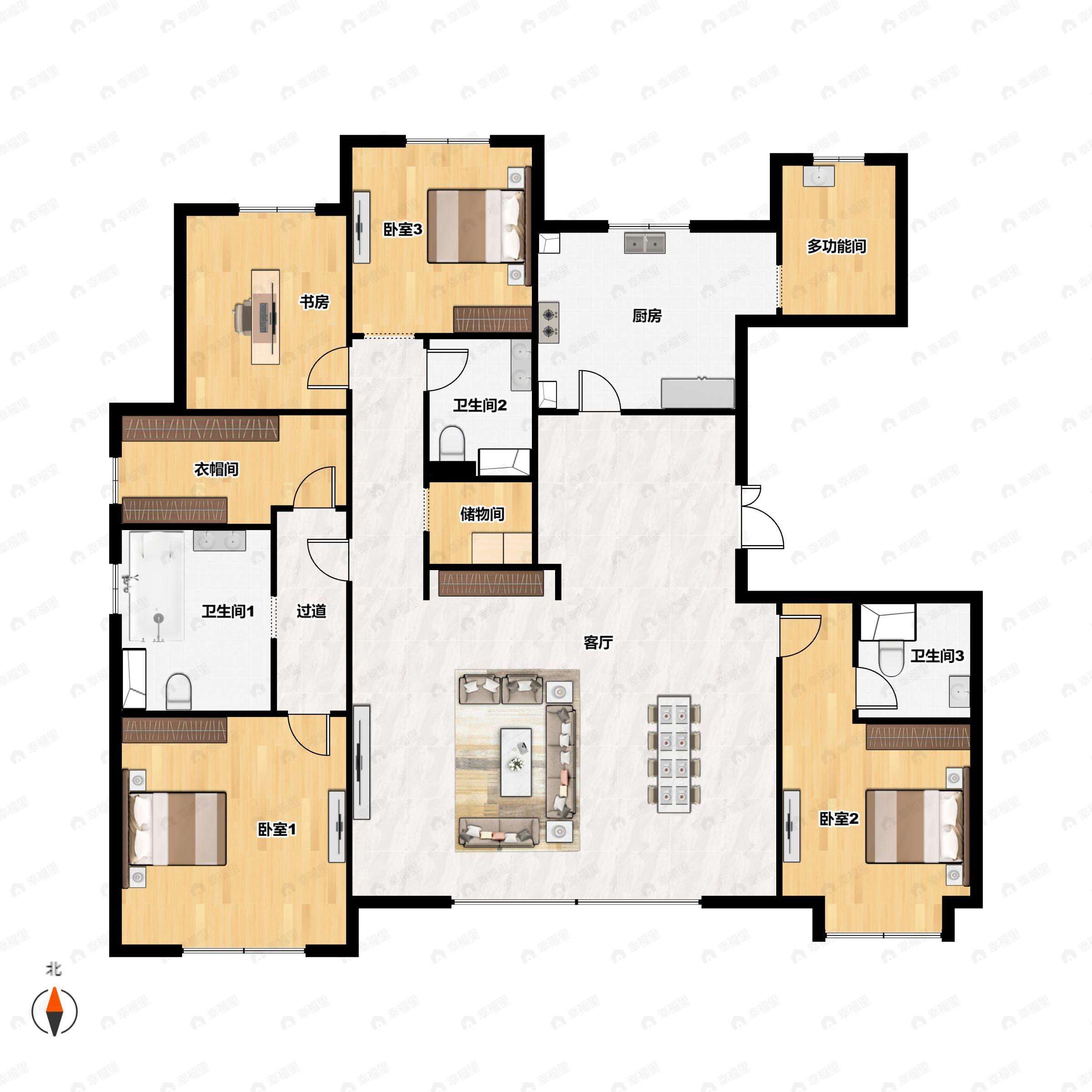 4室2厅3卫建面210m²南|北户型图