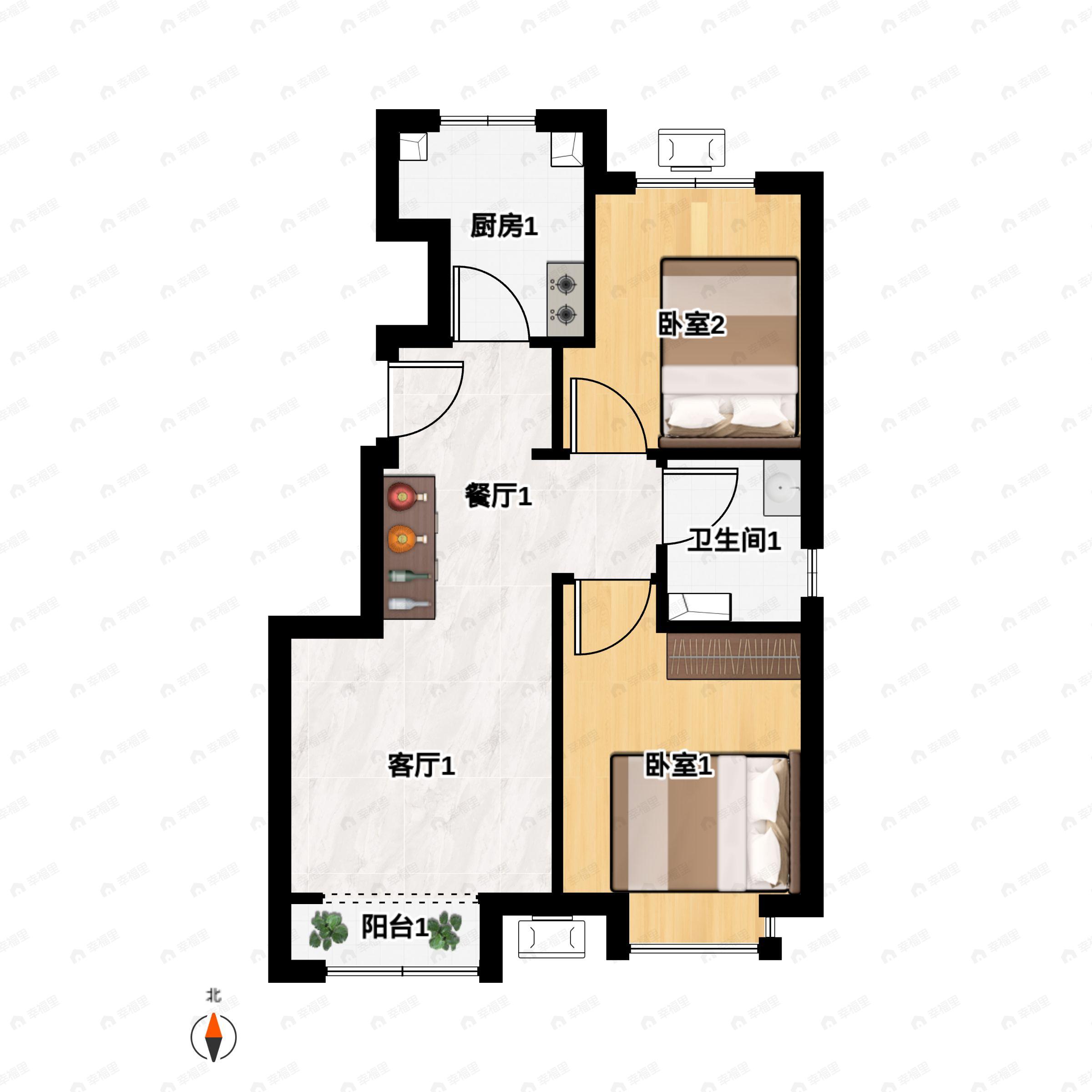 2室2厅1卫建面77平户型图