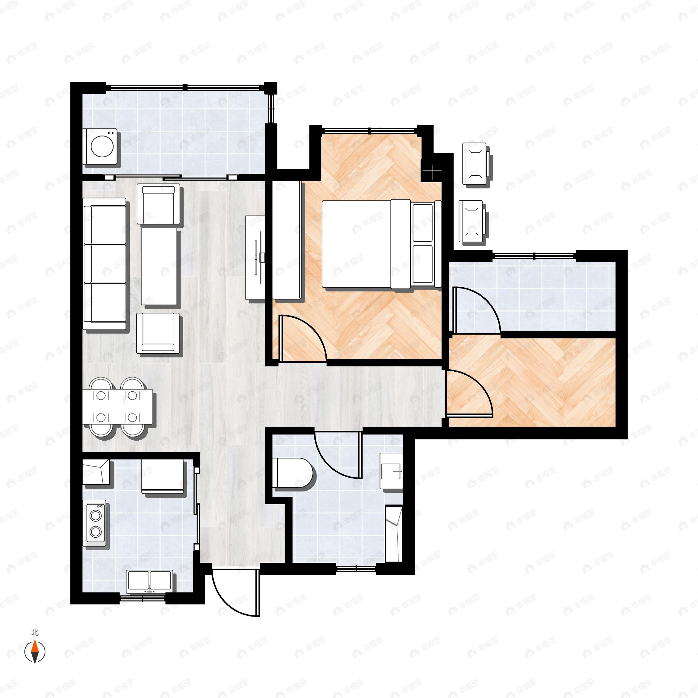 2室2厅1卫建面75m²北户型图