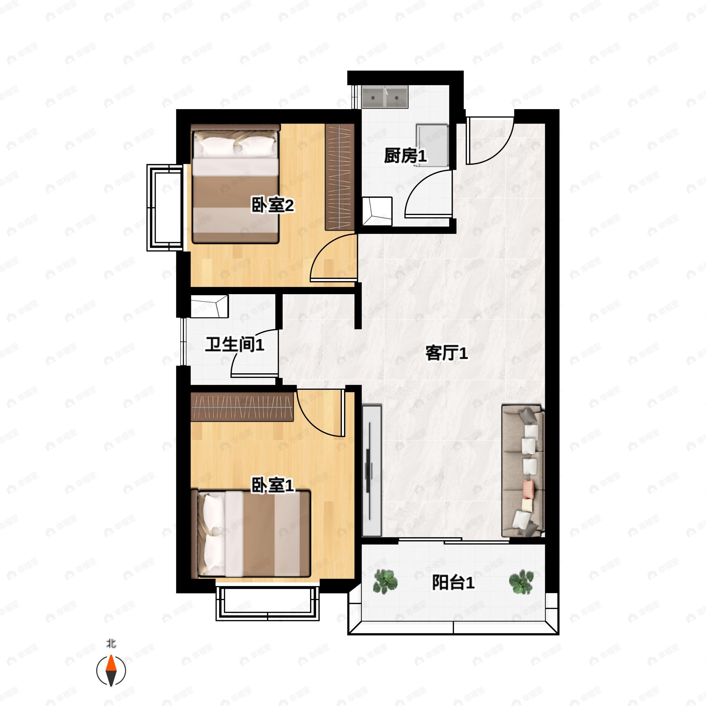 2室2厅1卫建面76m²南户型图