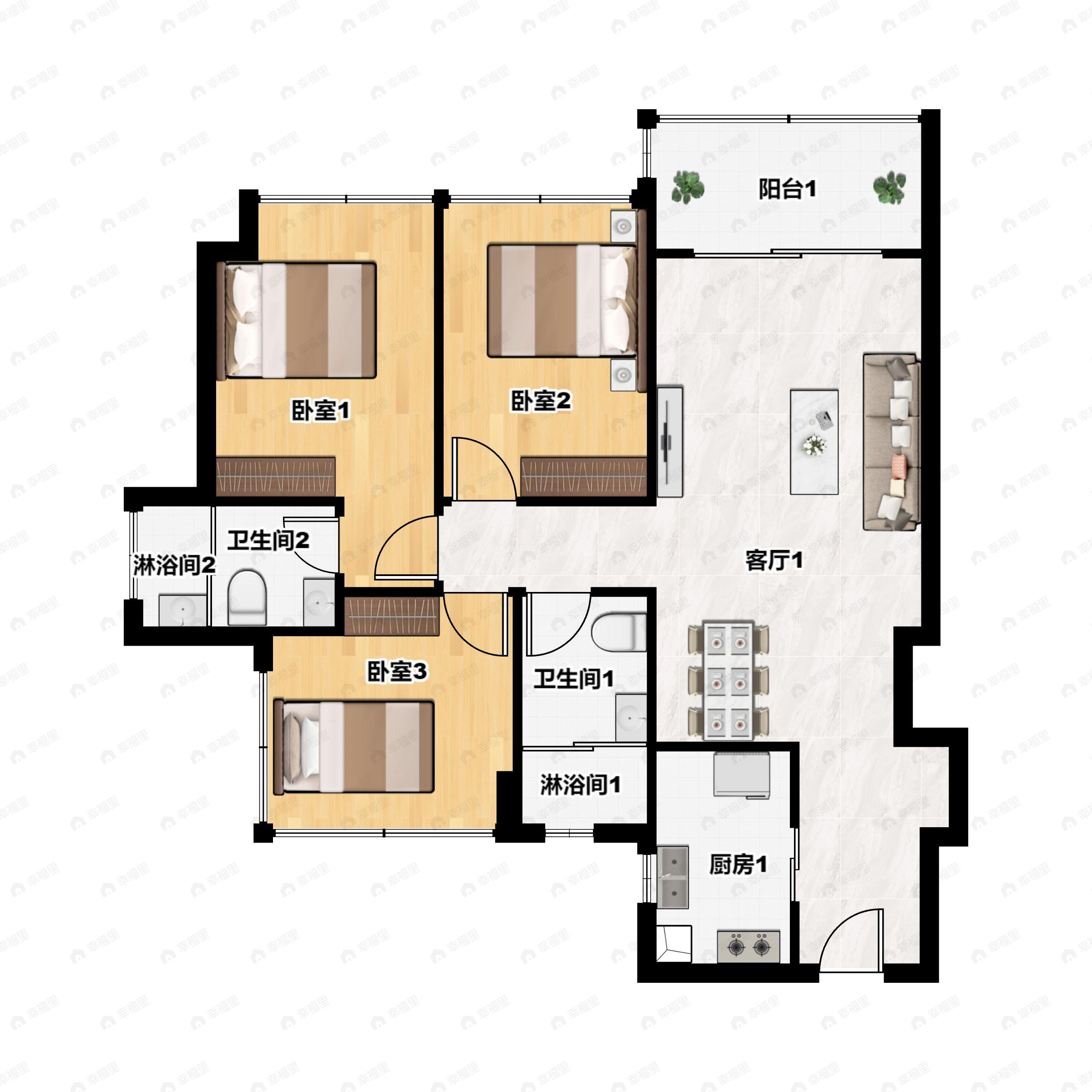 3室2厅2卫建面88平户型图