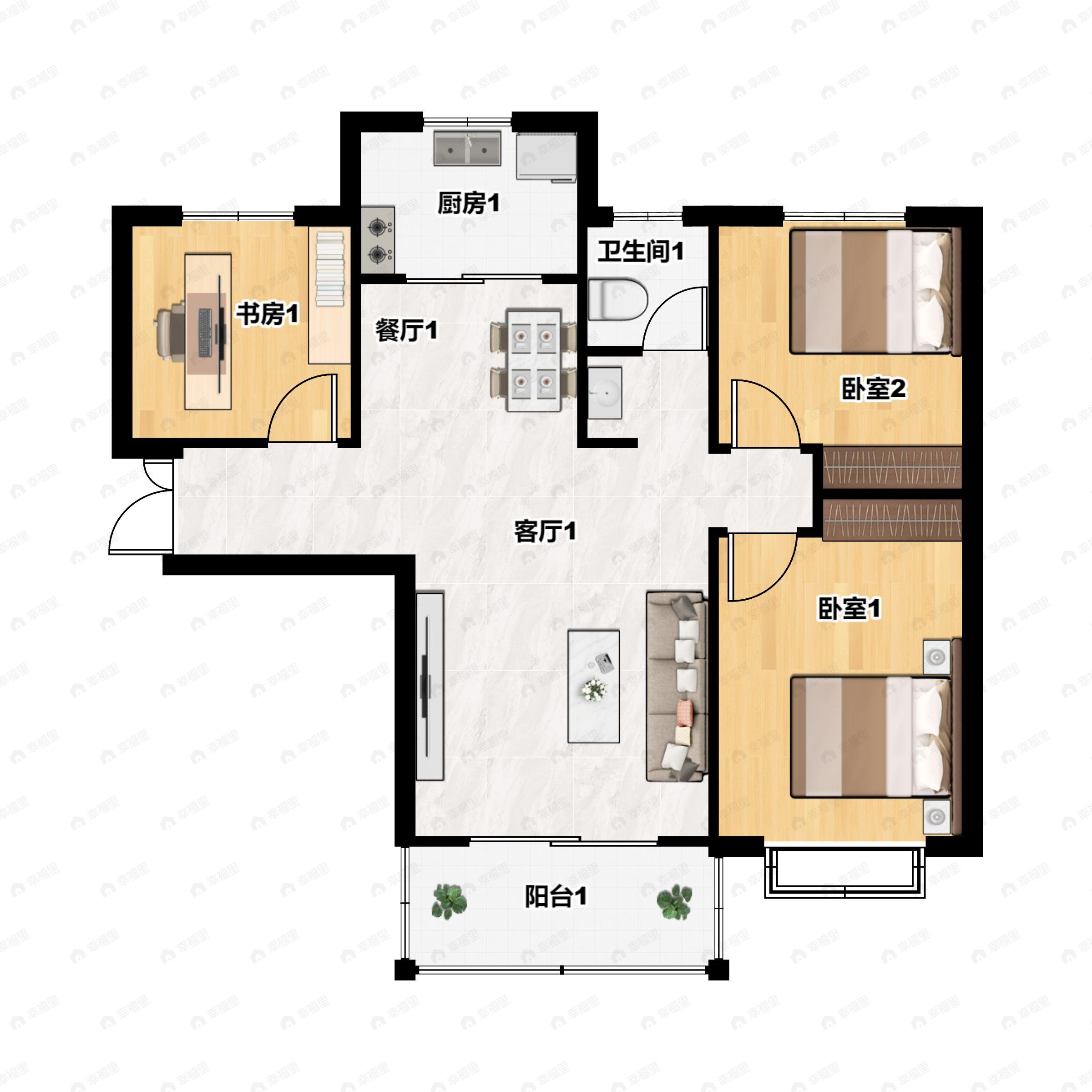 3室2厅1卫建面108平南户型图