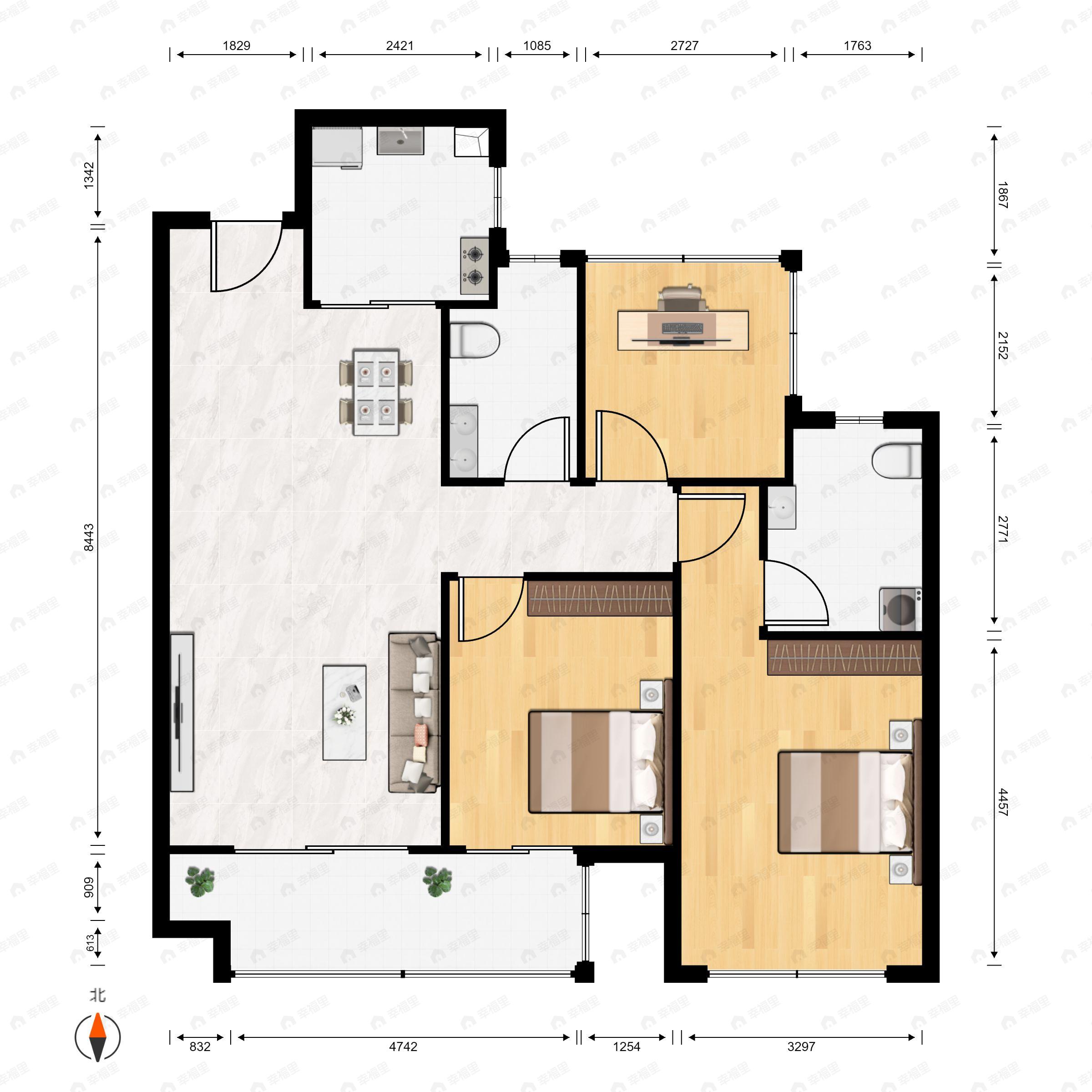 3室2厅2卫建面89平户型图