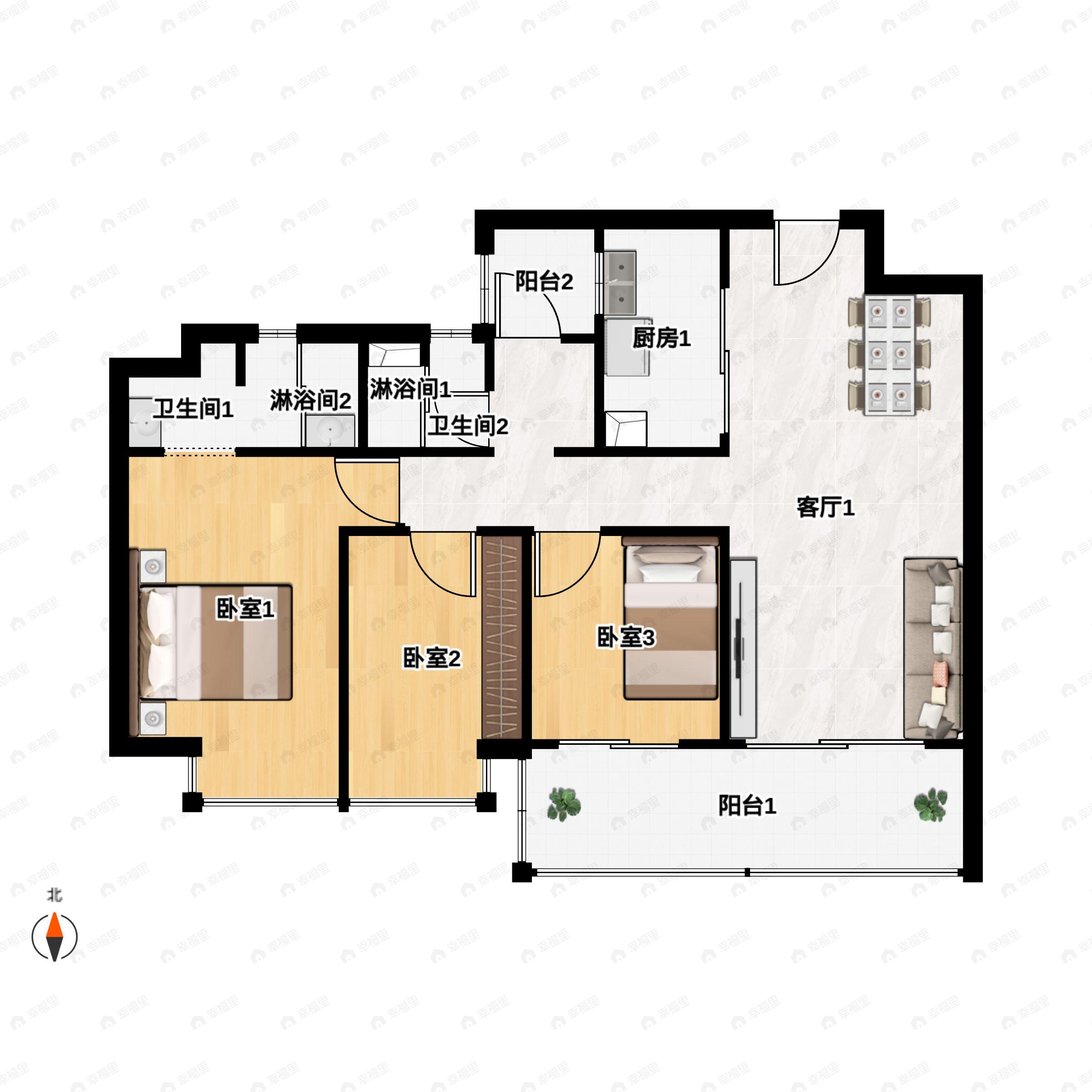 3室2厅2卫建面124m²南户型图
