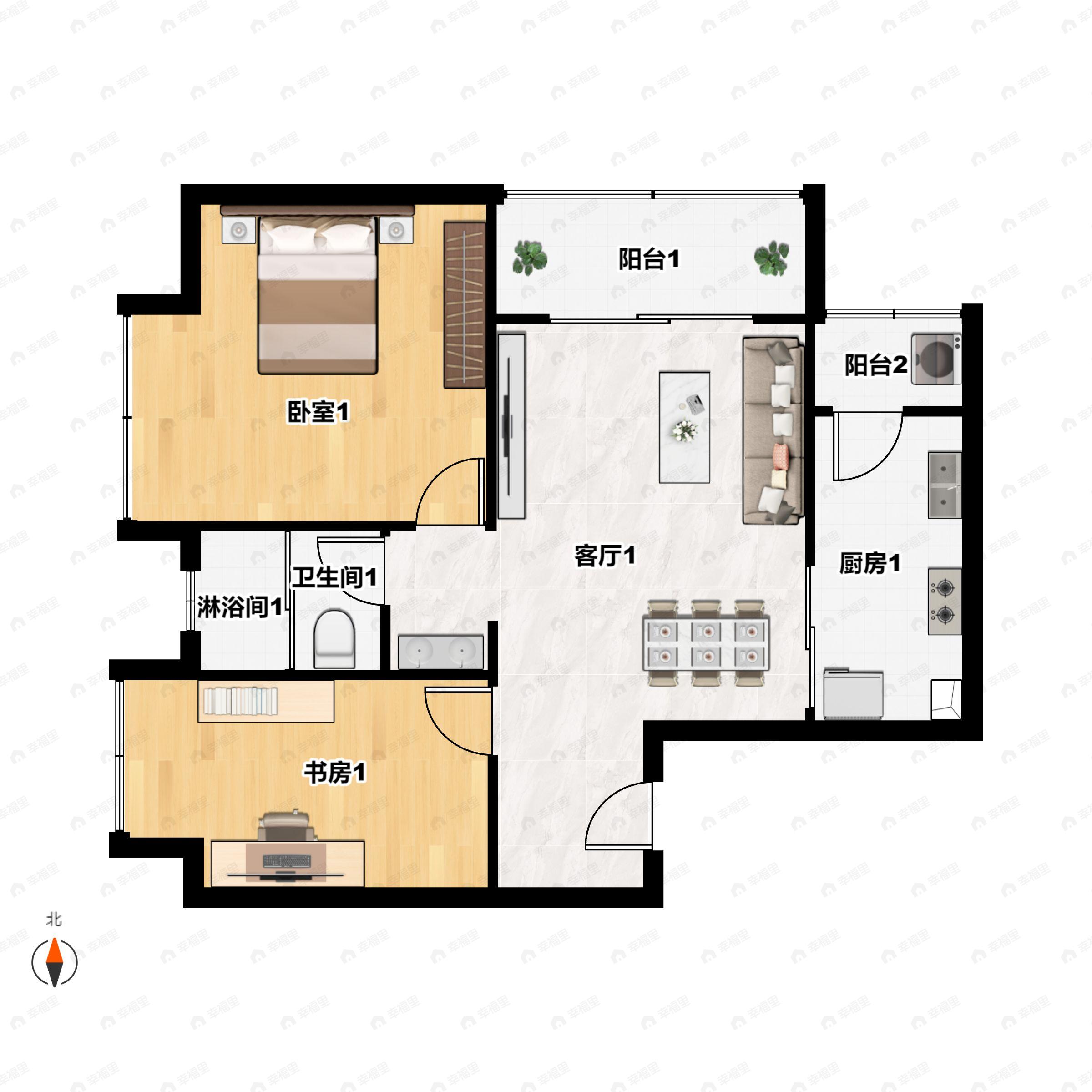2室2厅1卫建面57m²东北户型图