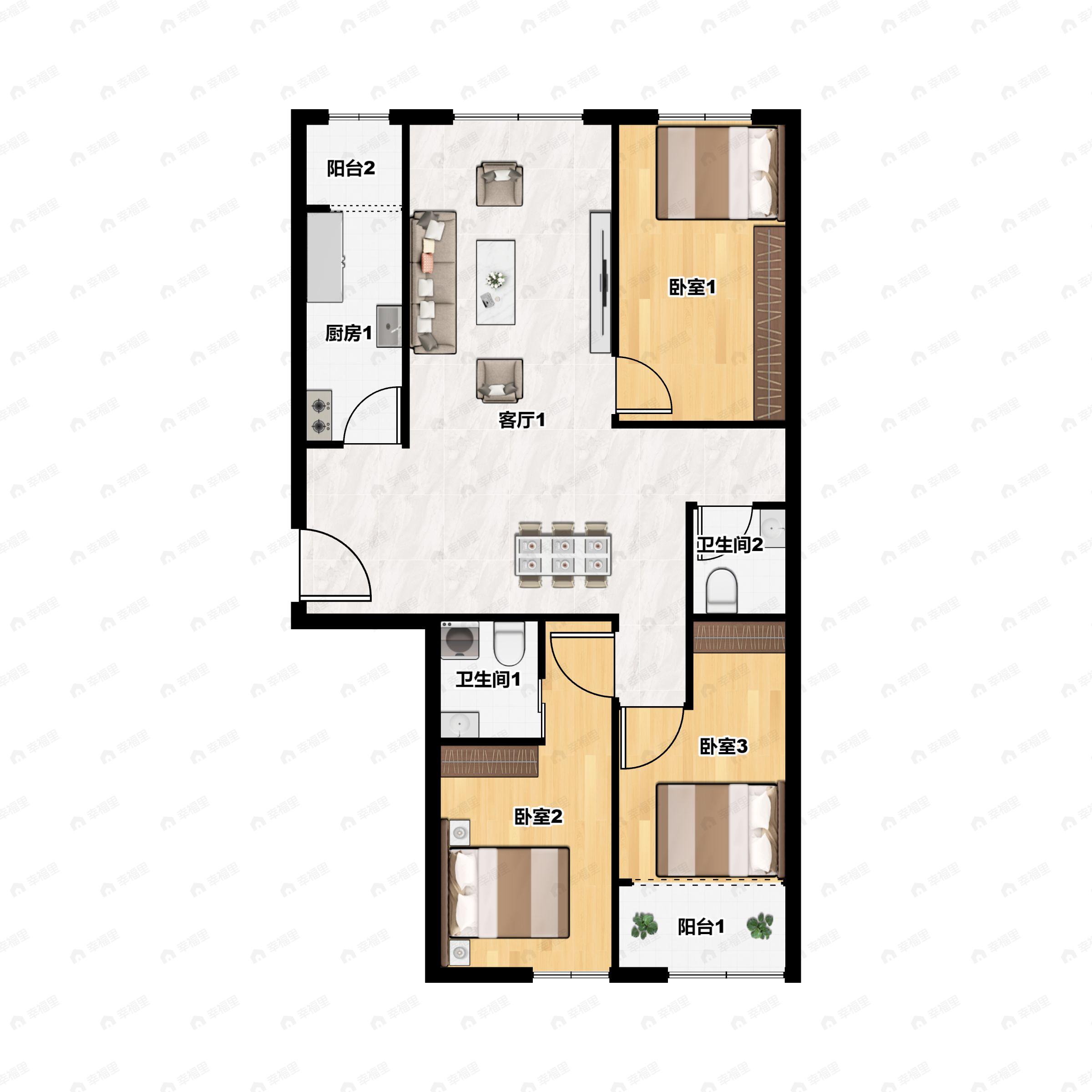 3室2厅2卫建面104平南户型图