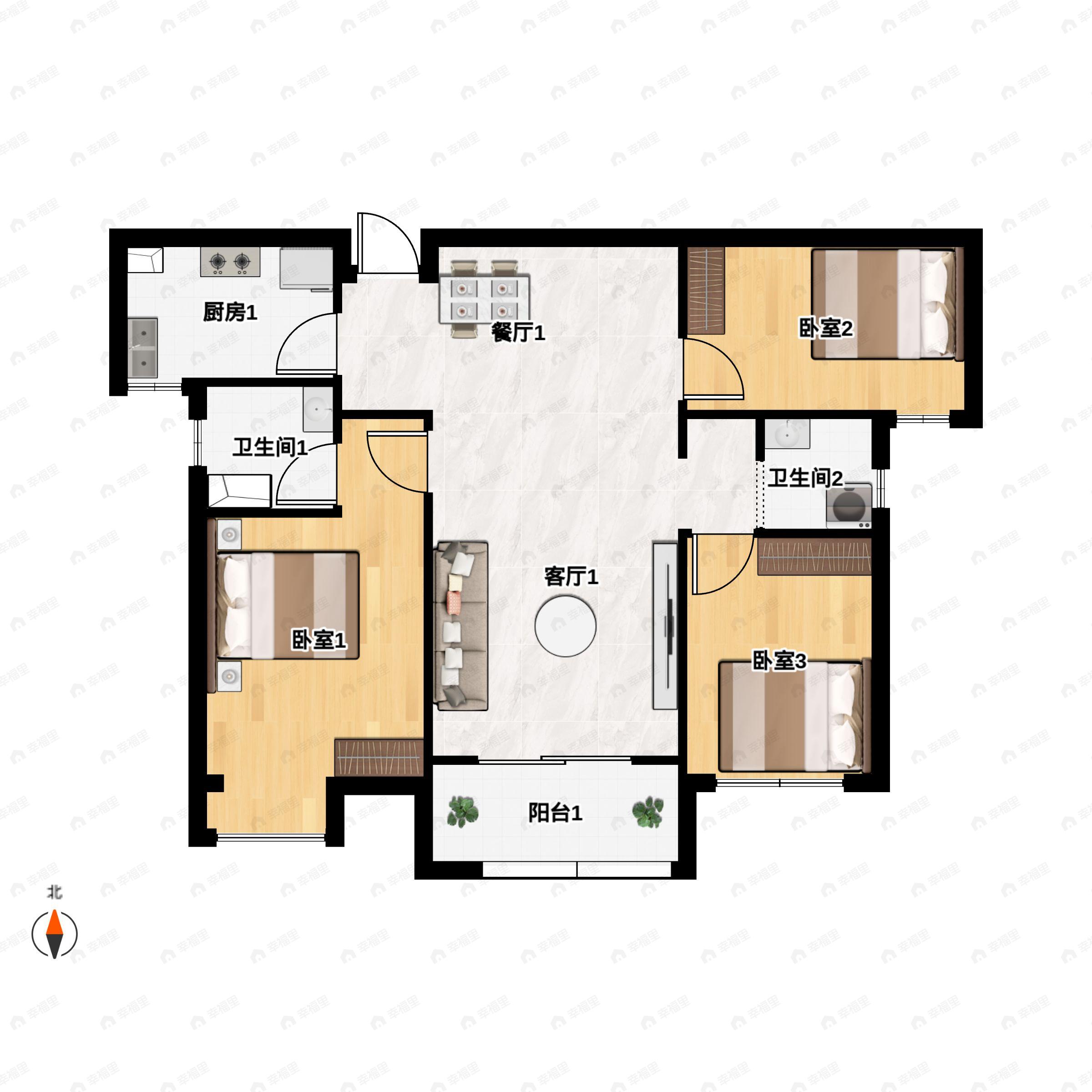 3室2厅2卫建面127平户型图