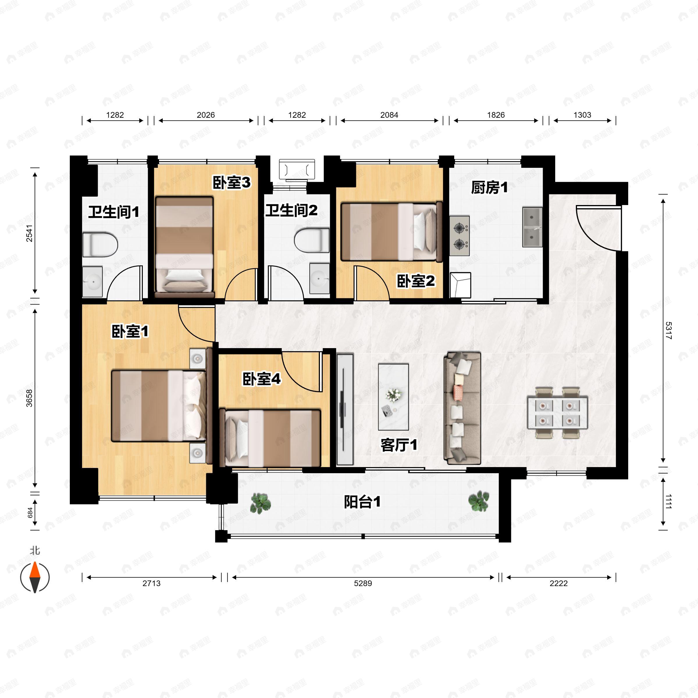 4室2厅2卫建面129平西南|东南户型图
