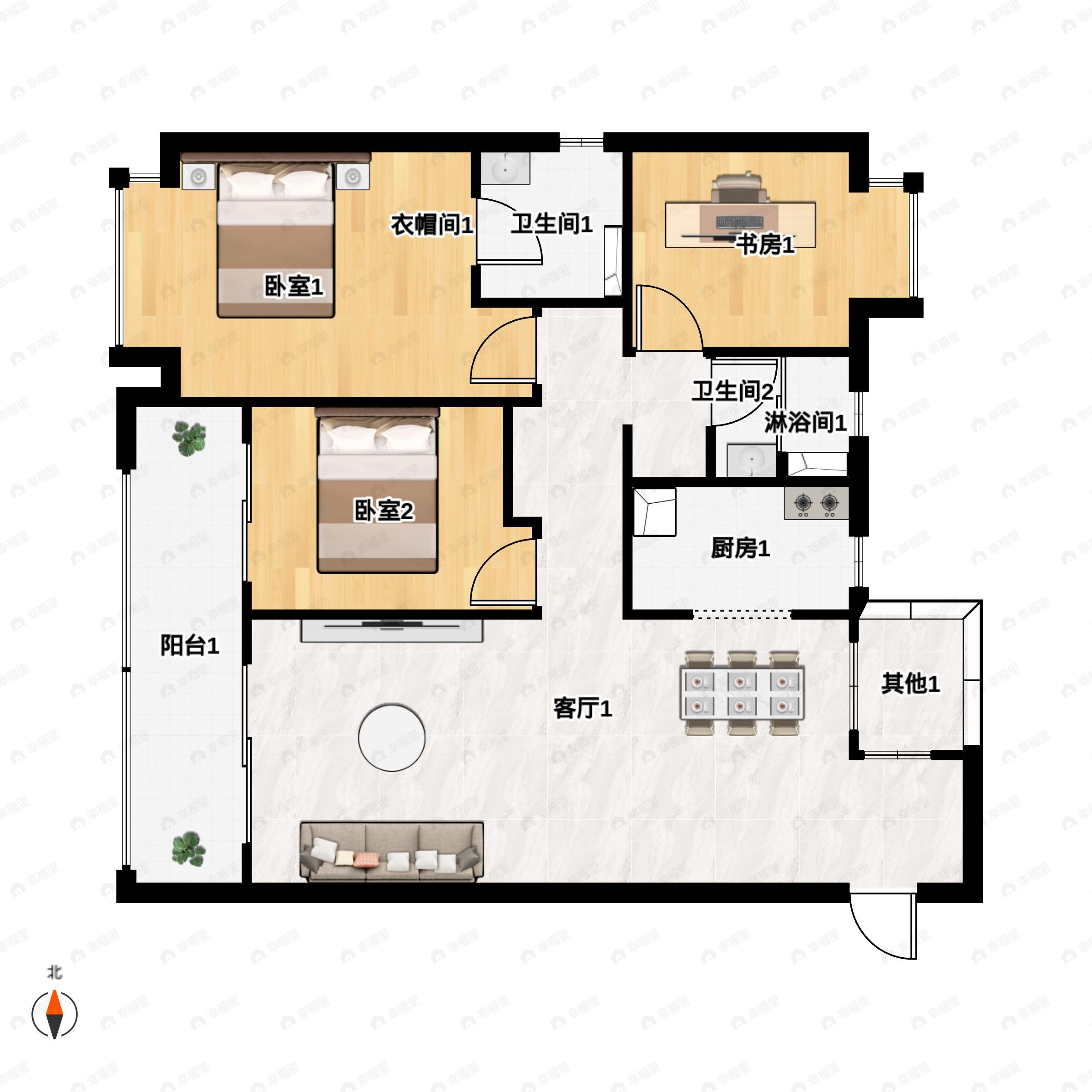 3室2厅2卫建面118m²南户型图