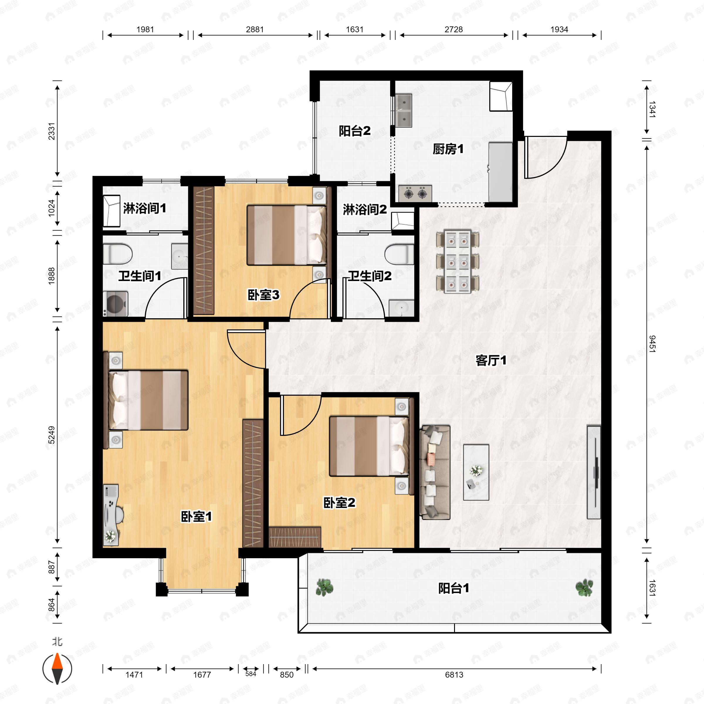 3室2厅2卫建面108m²南户型图