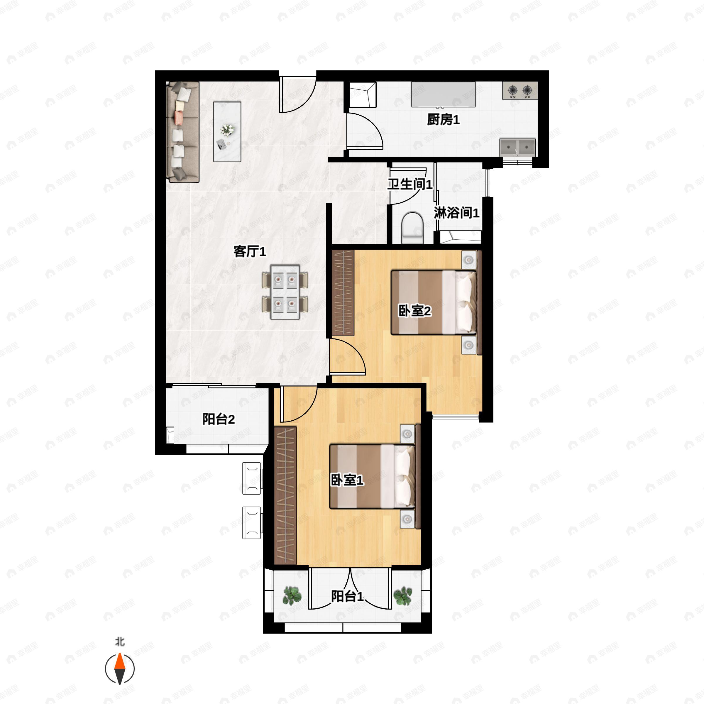 2室2厅1卫建面81m²南户型图