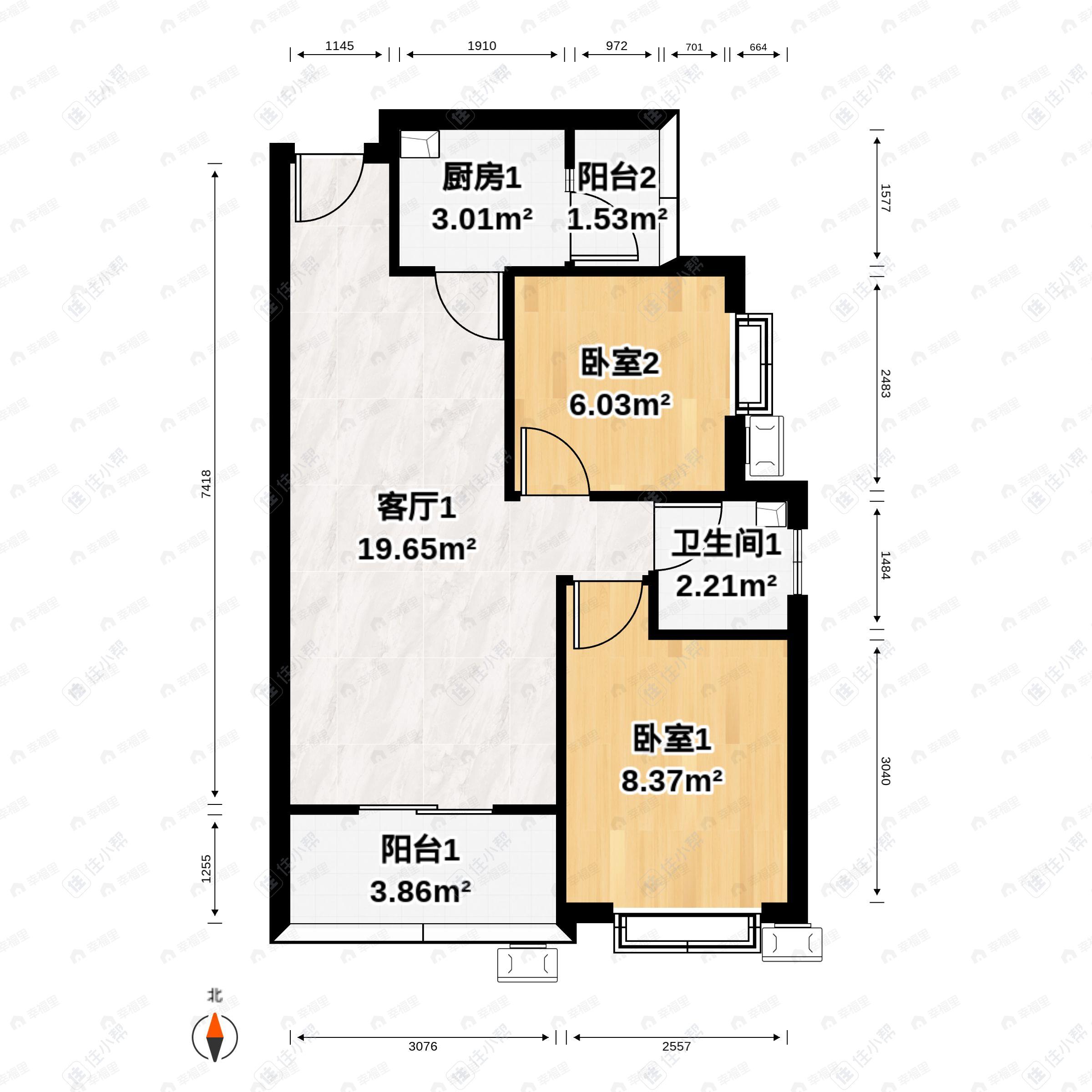 2室2厅1卫建面93平南户型图