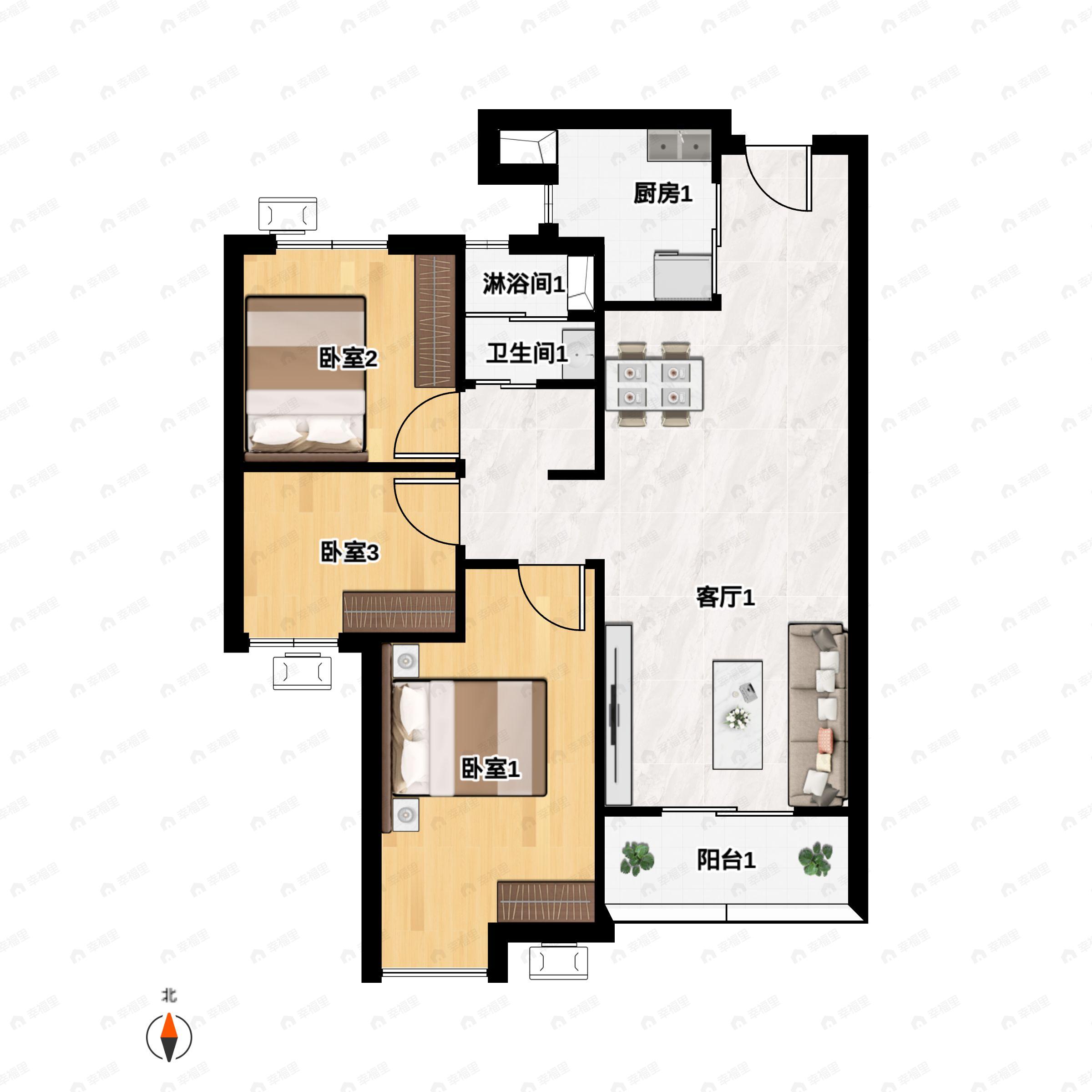 3室2厅1卫建面91平南|北户型图