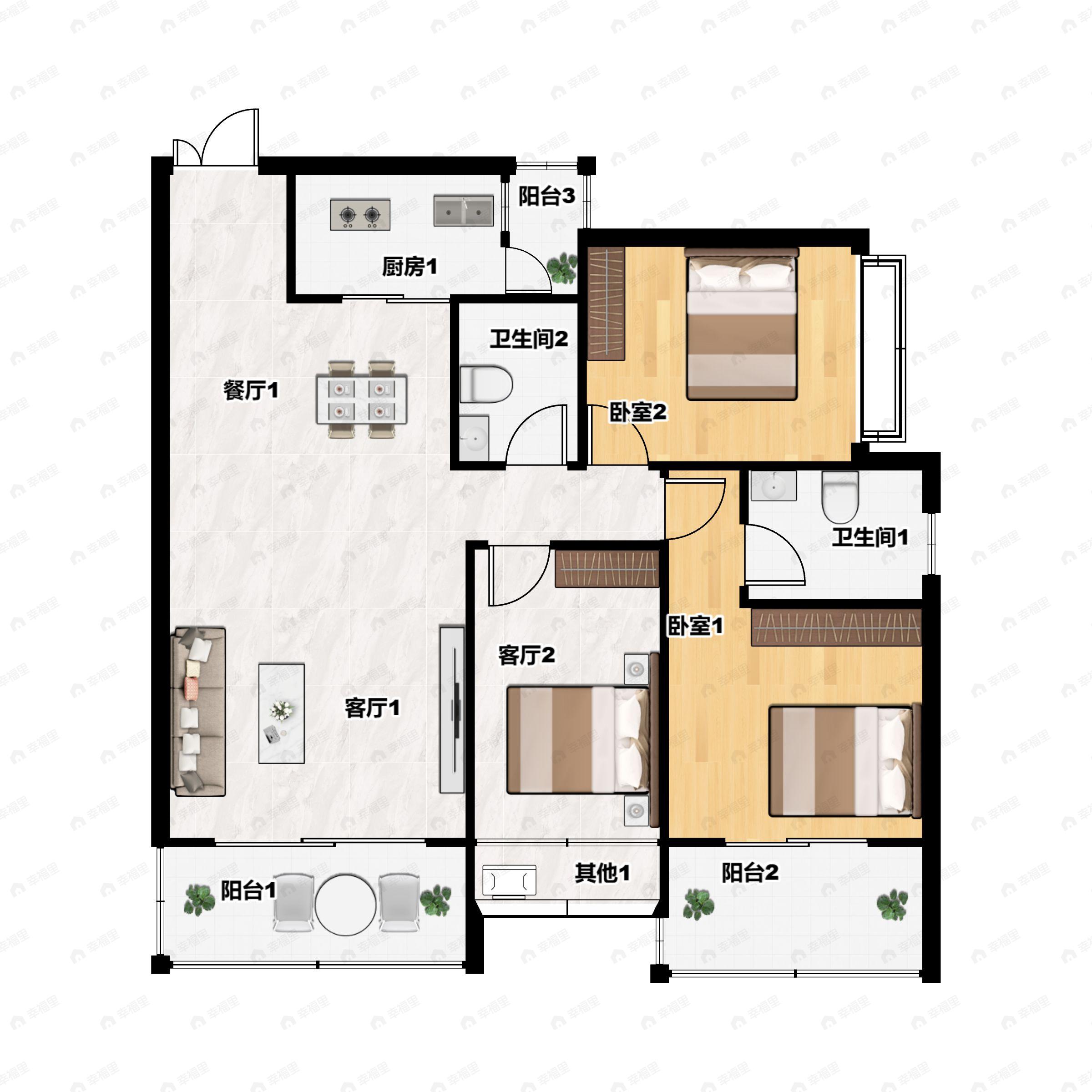 3室2厅2卫建面122平户型图