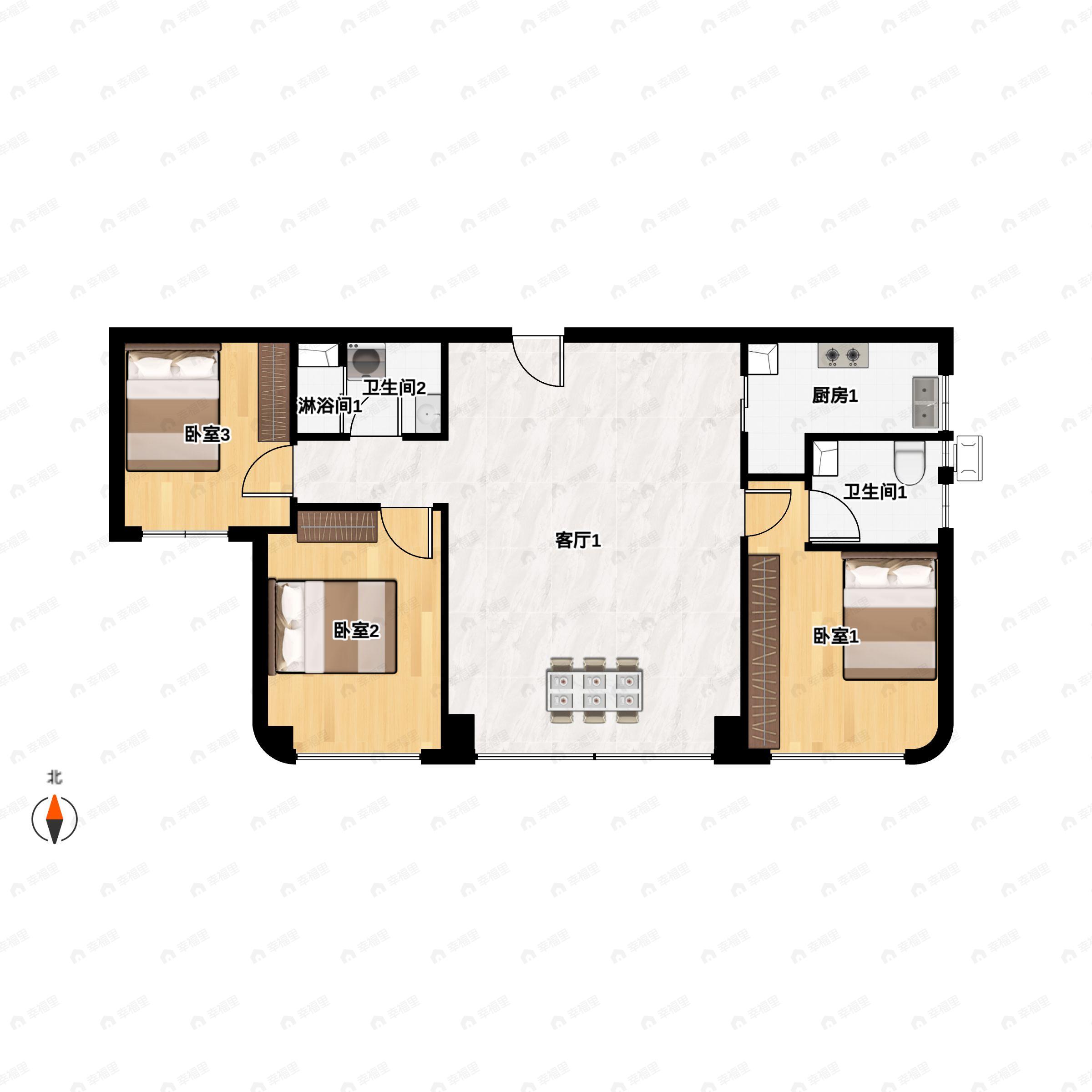 3室2厅2卫建面115m²北|南户型图