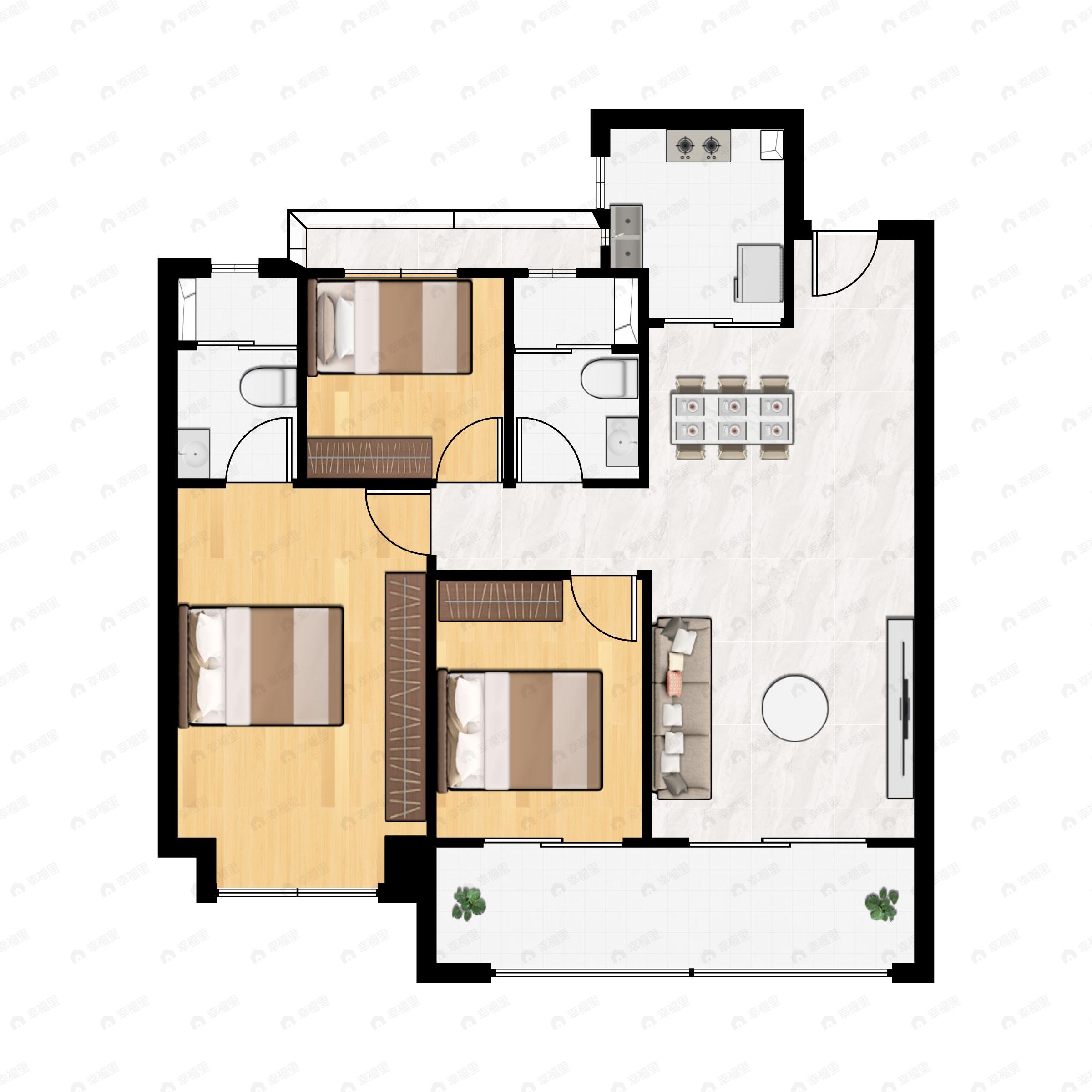 3室2厅2卫建面105m²南户型图