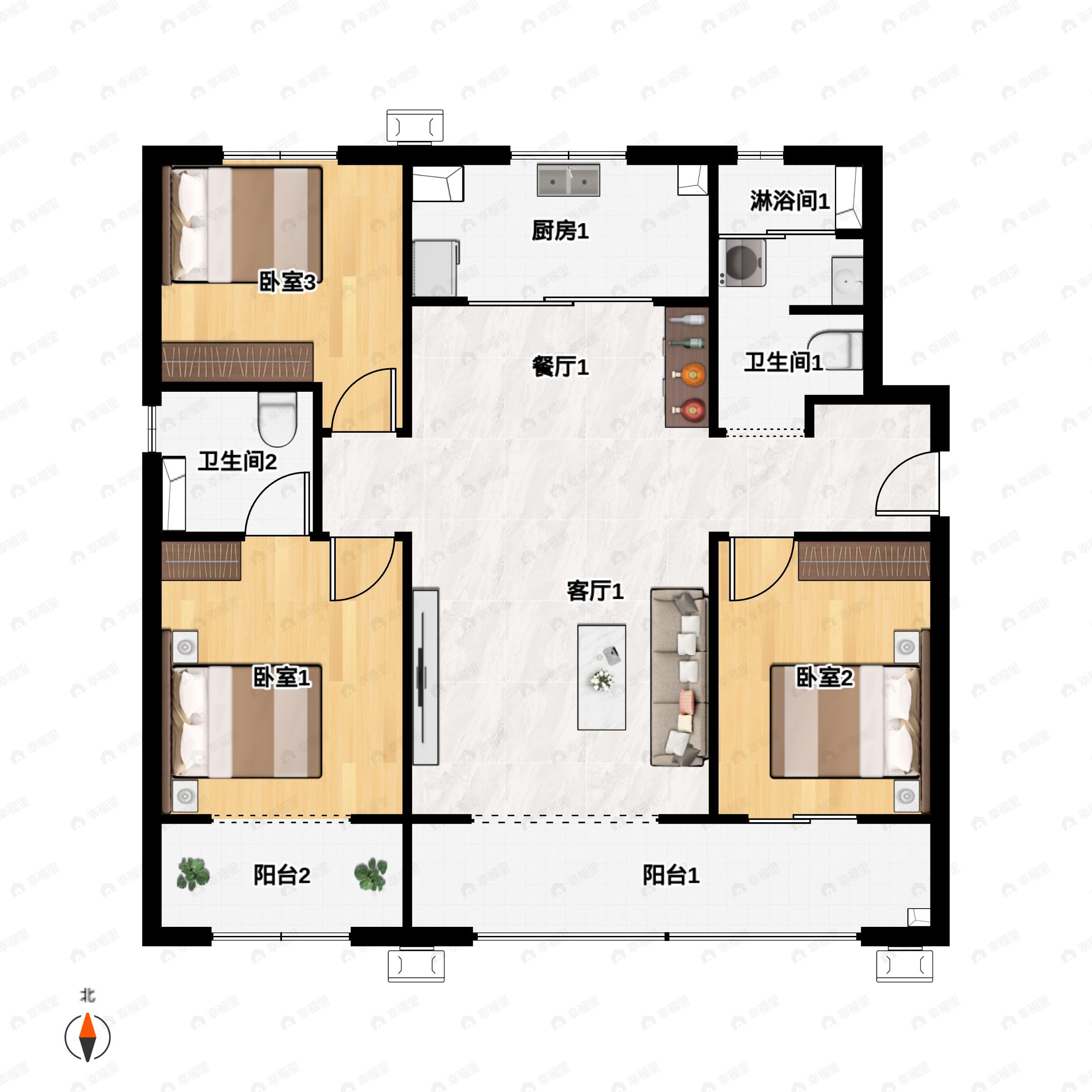 3室2厅2卫建面131平南户型图