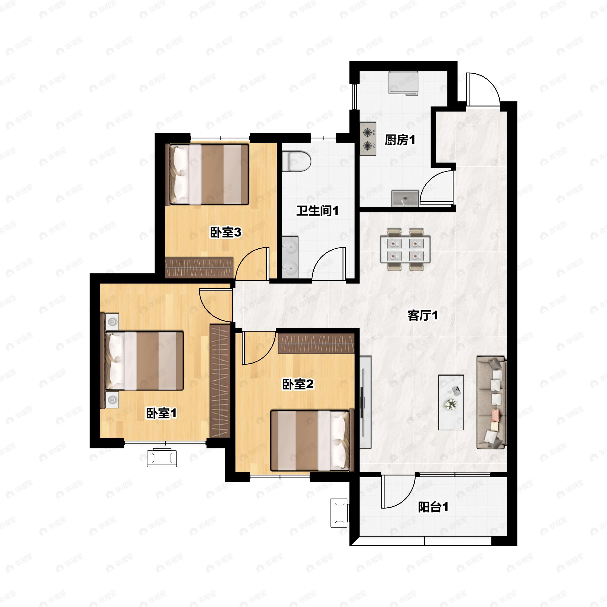 3室2厅1卫建面106平户型图