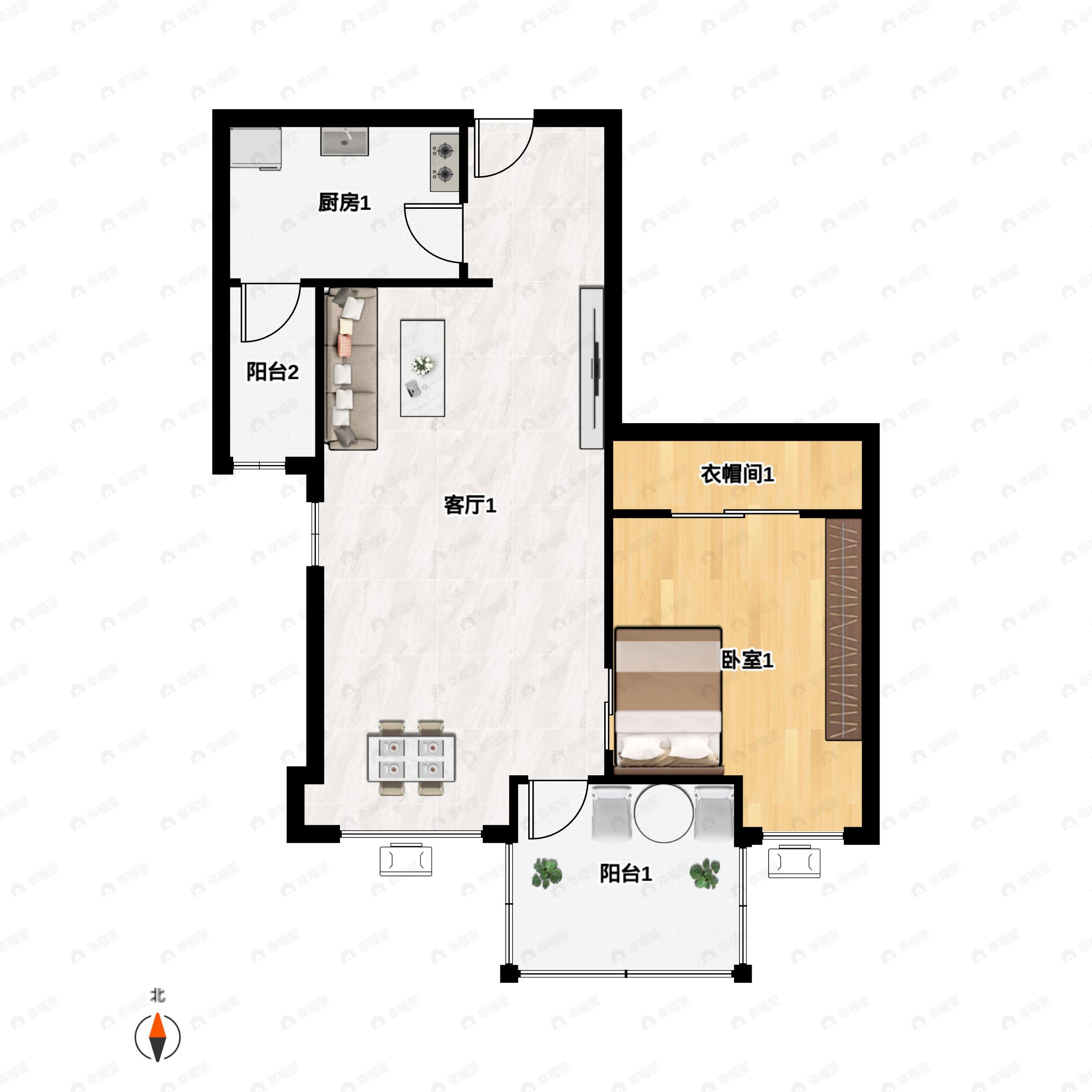1室1厅1卫建面46m²北户型图