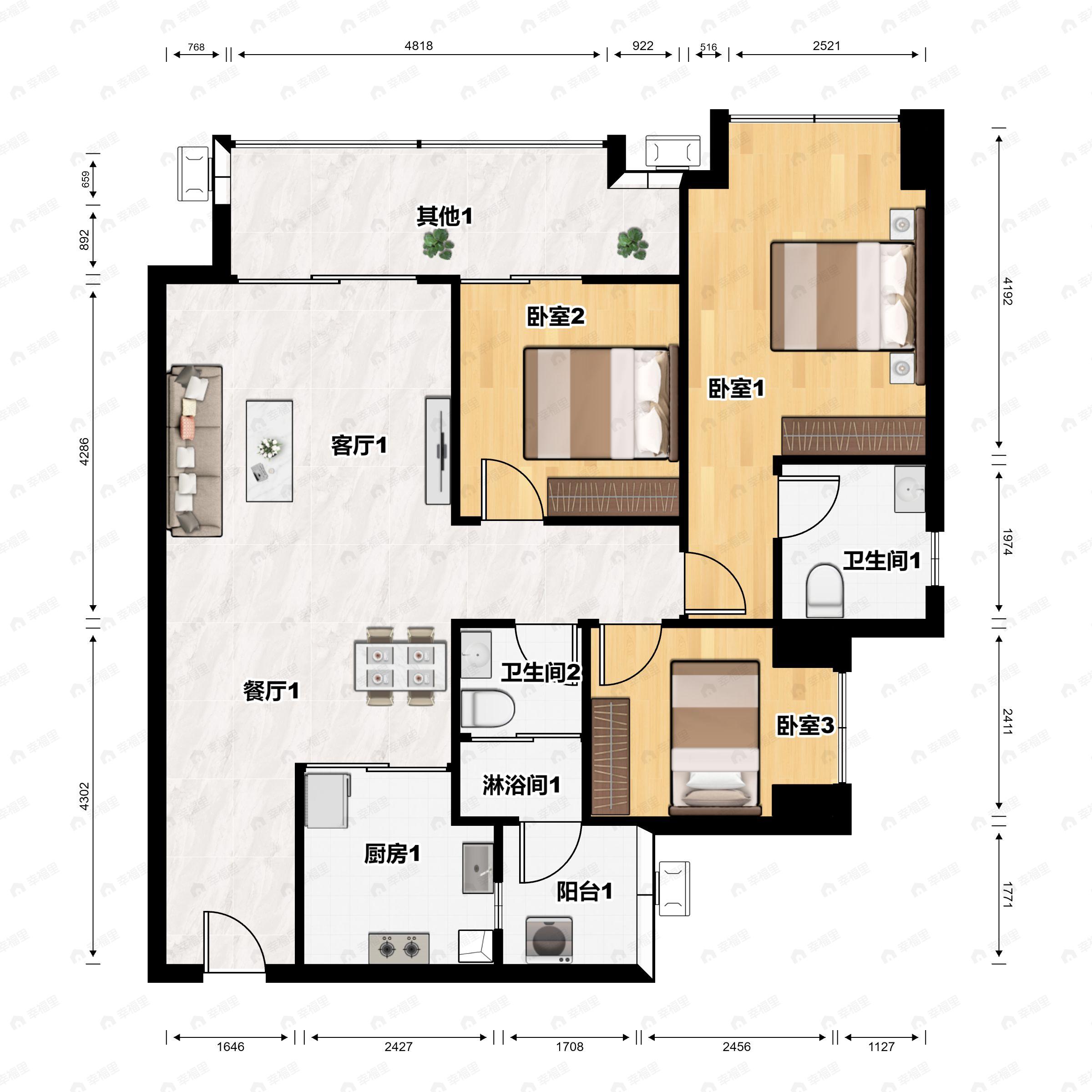 3室2厅2卫建面98平南户型图