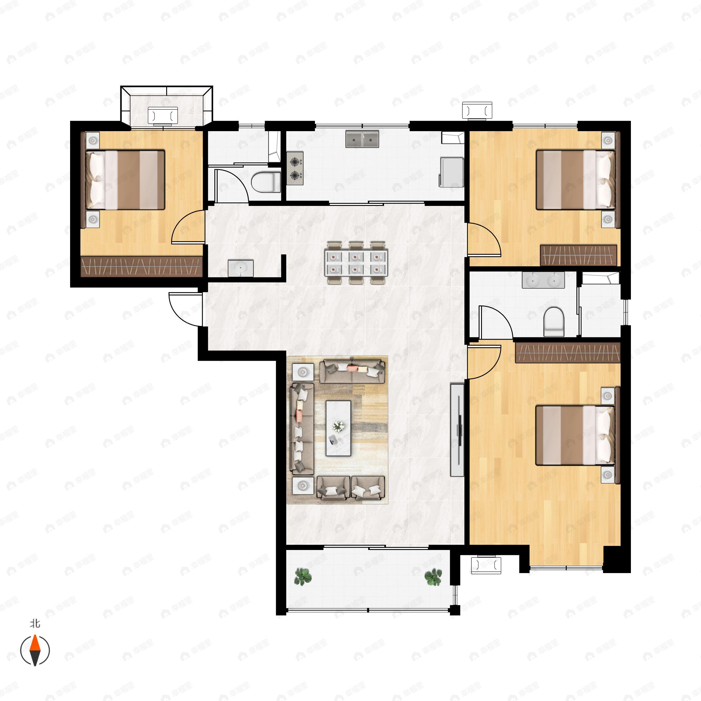 3室2厅2卫建面130m²南|北户型图
