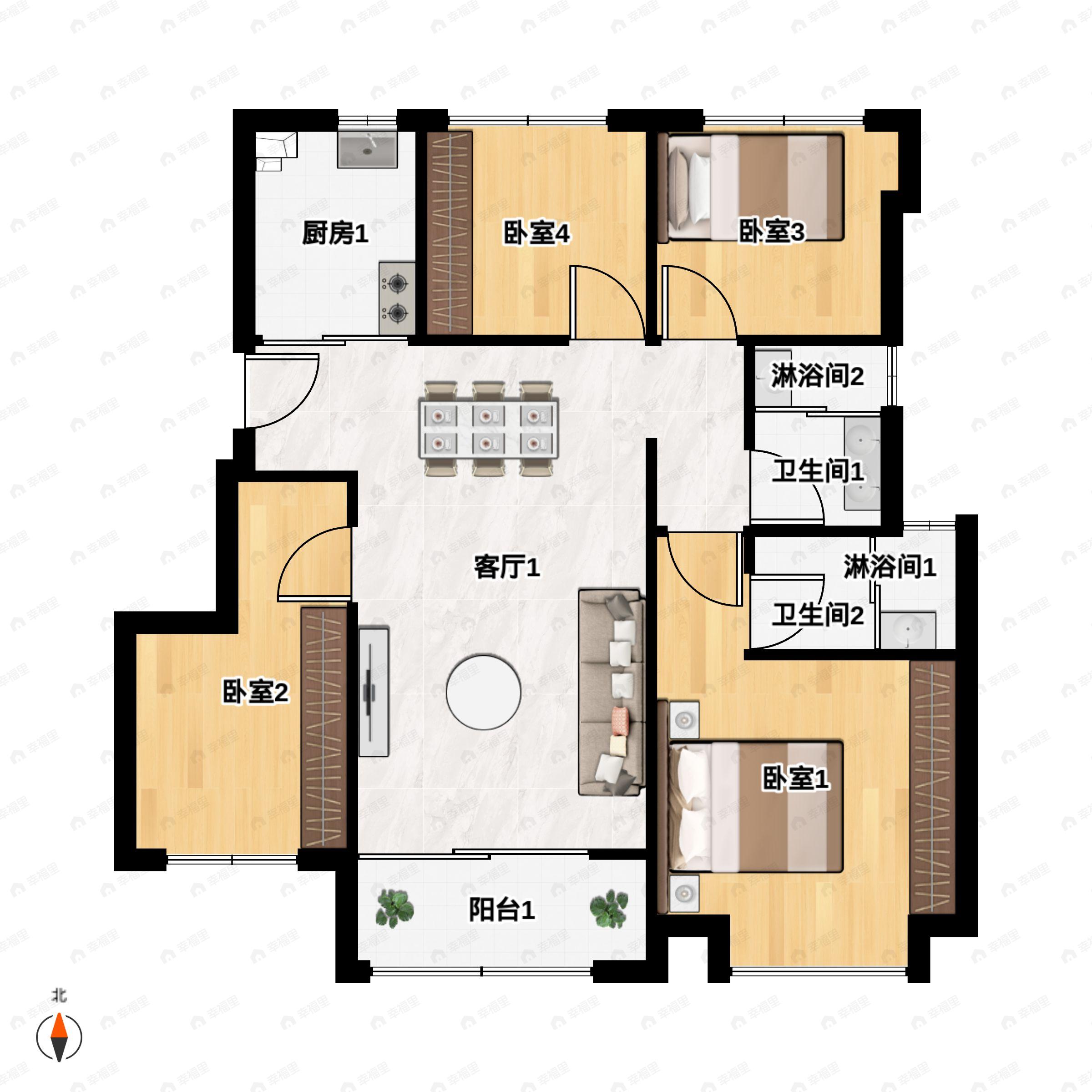 4室2厅2卫建面101平北|南户型图