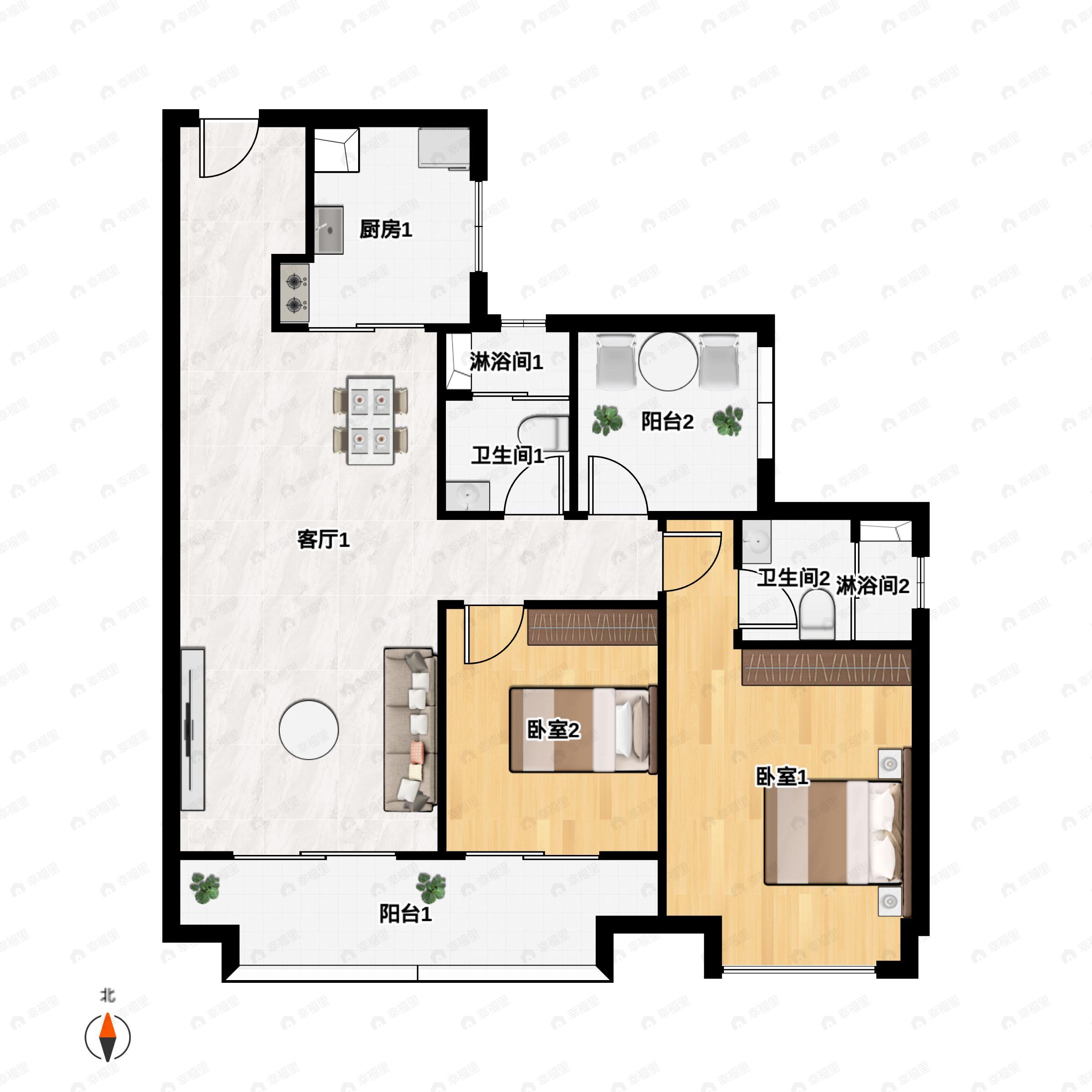 3室2厅2卫建面102m²南户型图