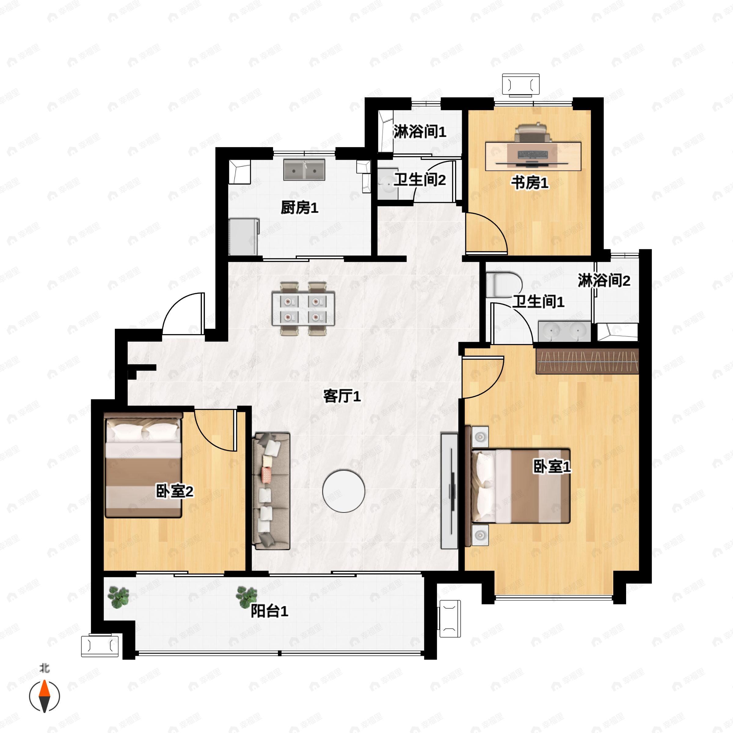 3室2厅2卫建面105m²南户型图