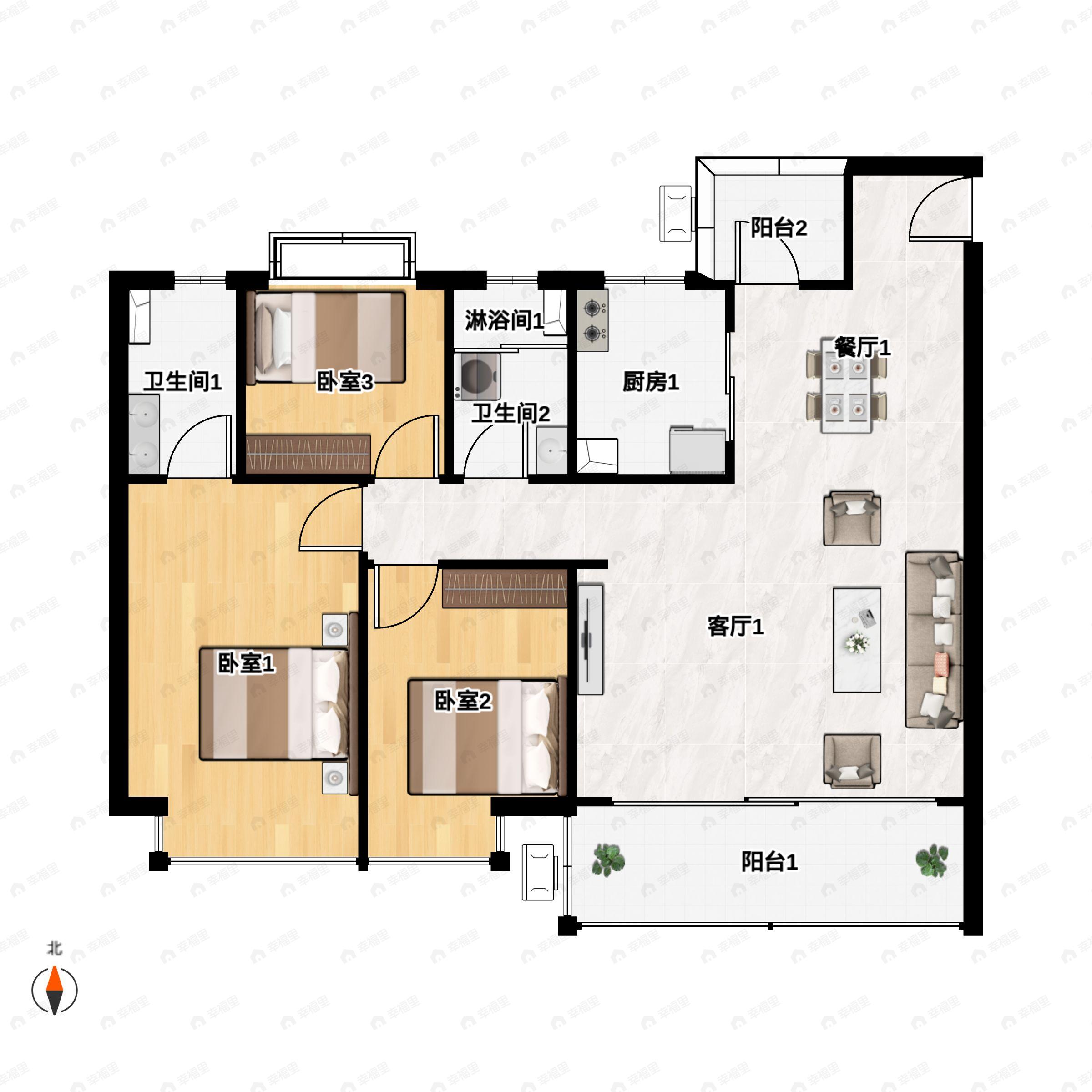 3室2厅2卫建面128m²南户型图